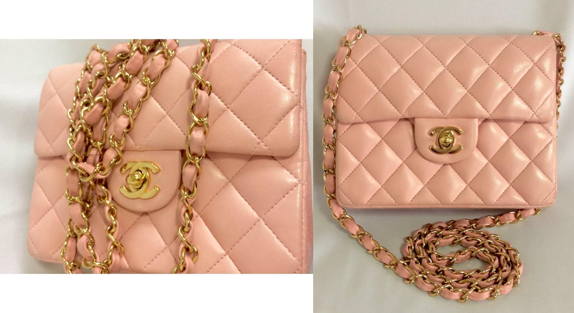 Vintage CHANEL pink lamb leather classic flap chain mini 2.55 shoulder bag. For Sale 1