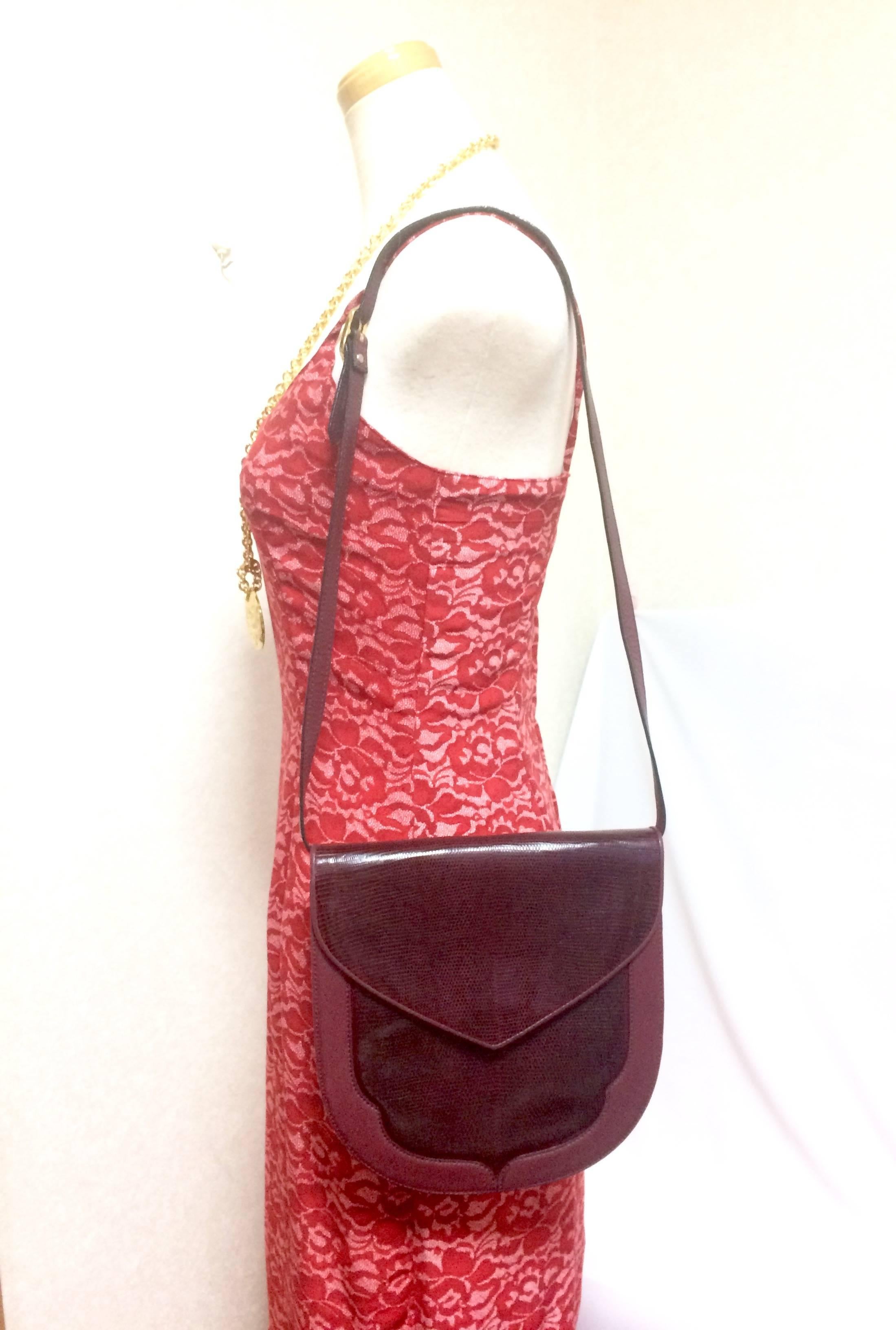 Vintage Yves Saint Laurent wine red, bordeaux lizard and leather shoulder bag. For Sale 5