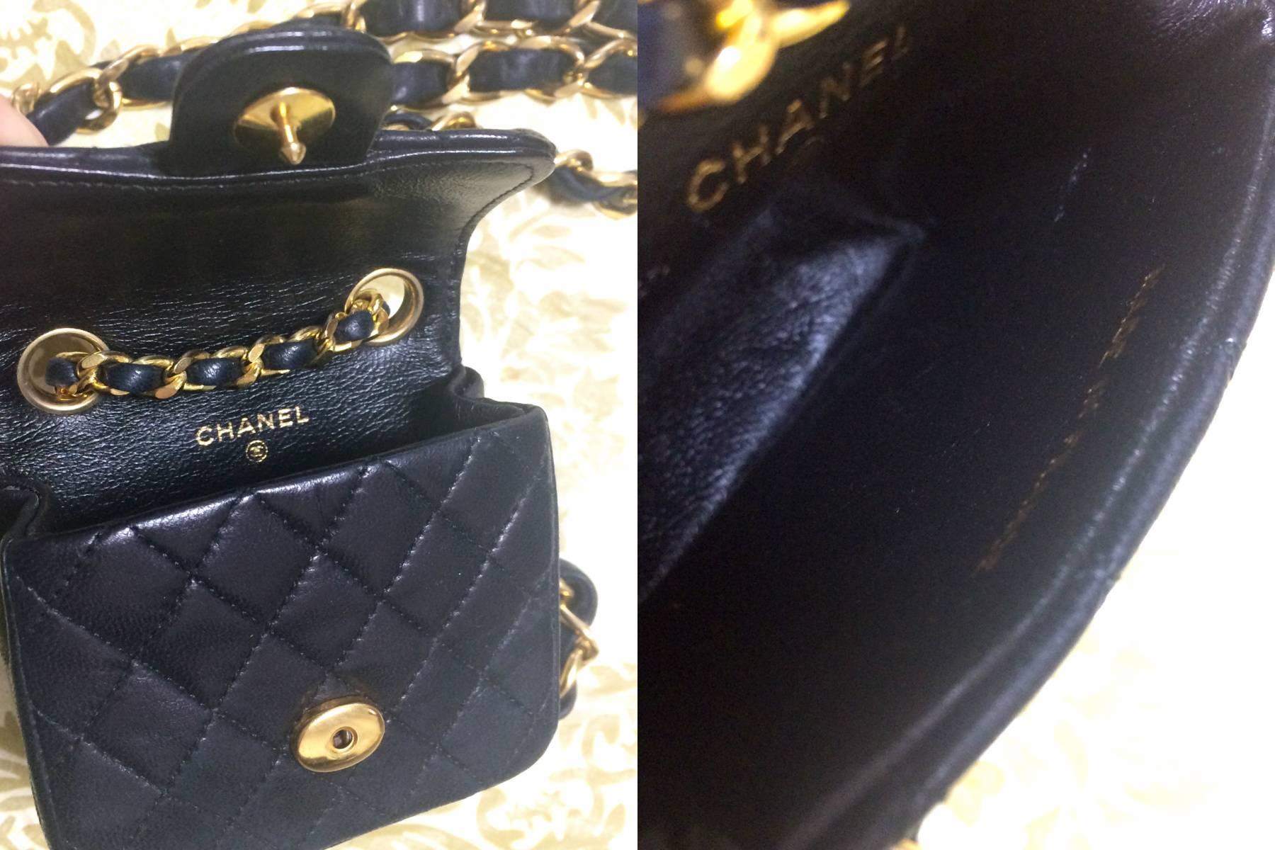 Vintage CHANEL black lambskin mini 2.55 bag charm chain leather belt with CC. 1