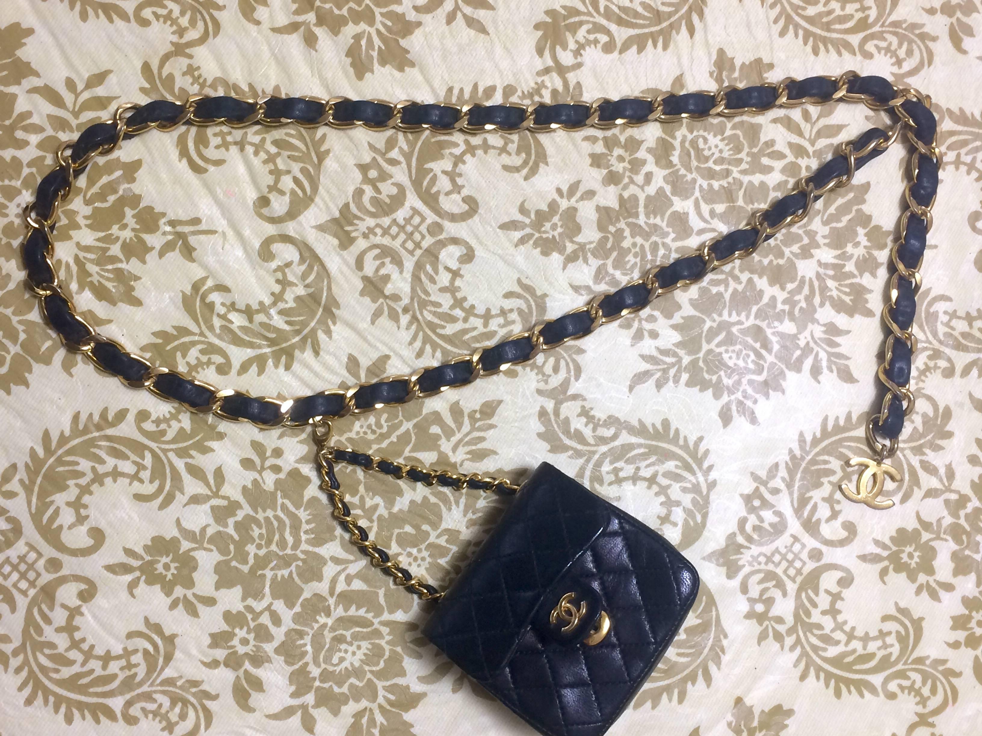 Vintage CHANEL black lambskin mini 2.55 bag charm chain leather belt with CC. 5