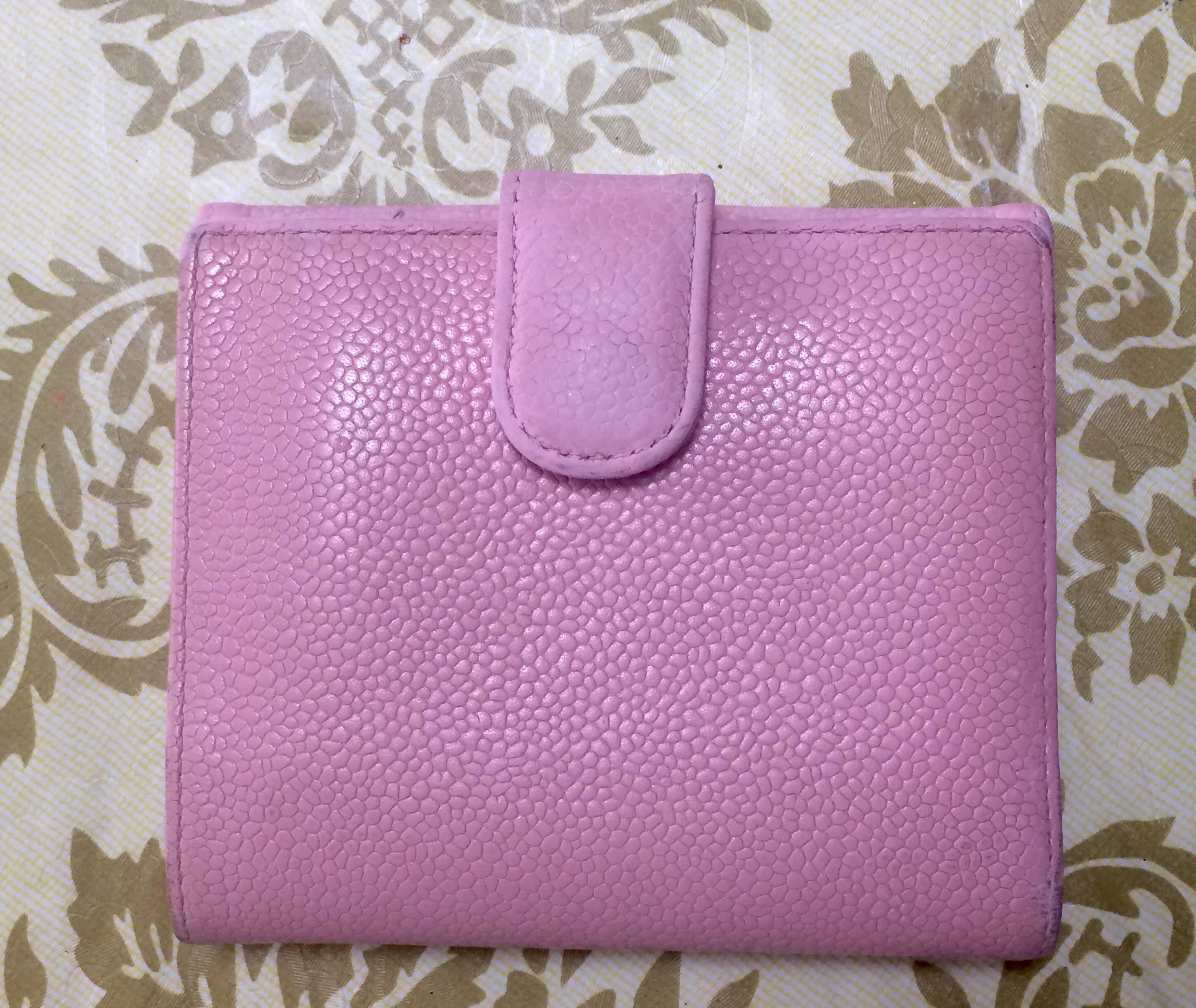 Pink Vintage CHANEL milky pink caviar leather wallet with stitched CC mark. Classic. For Sale