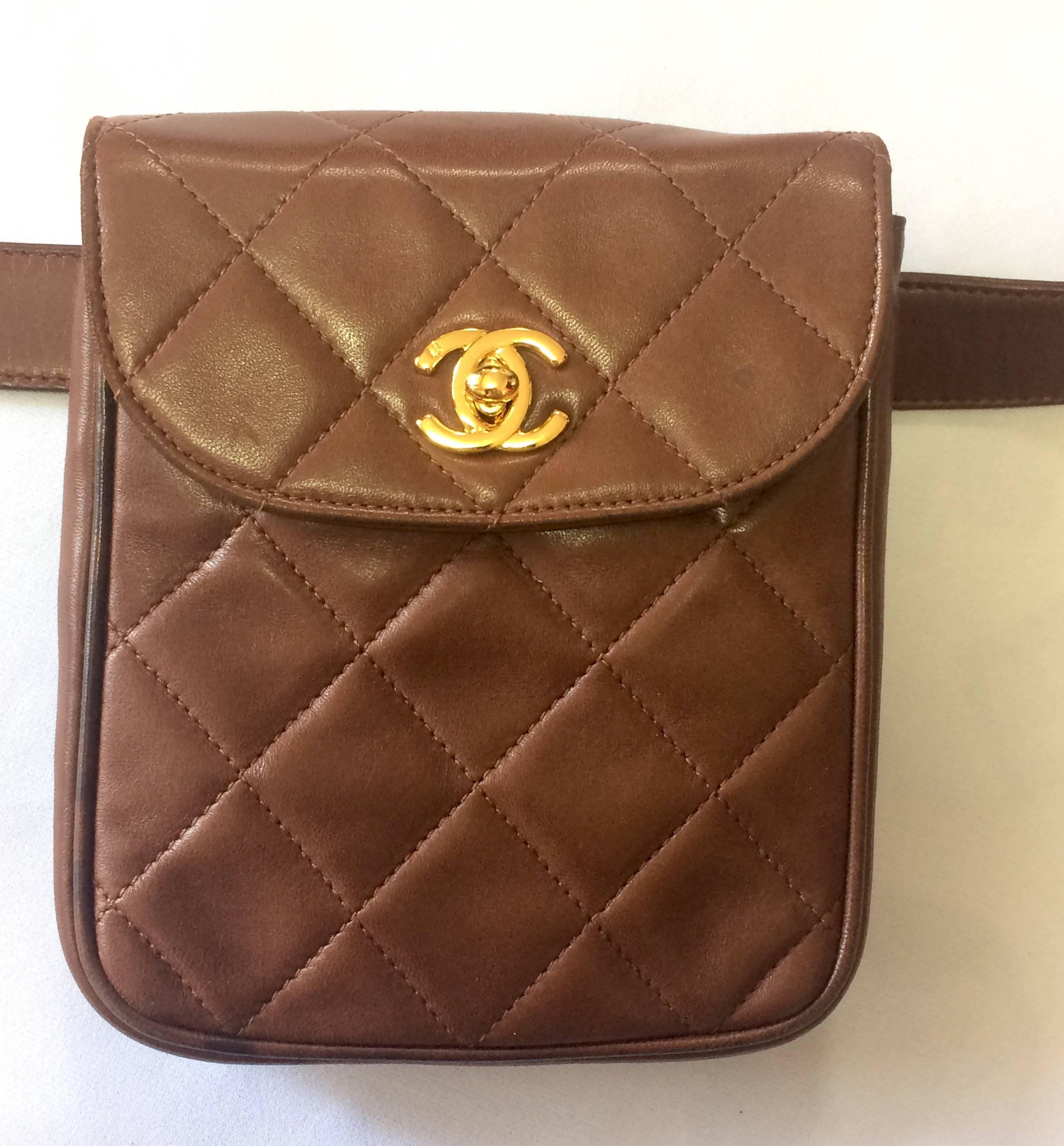 1990s. Vintage CHANEL brown leather vertical square shape belt bag, 2.55 fanny pack with golden CC closure and belt. 28.5