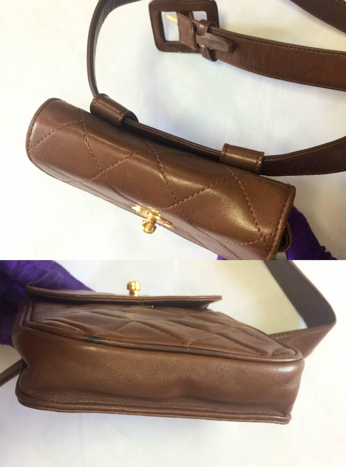 Women's or Men's Vintage CHANEL brown leather vertical square shape belt bag, 2.55 fanny pack.