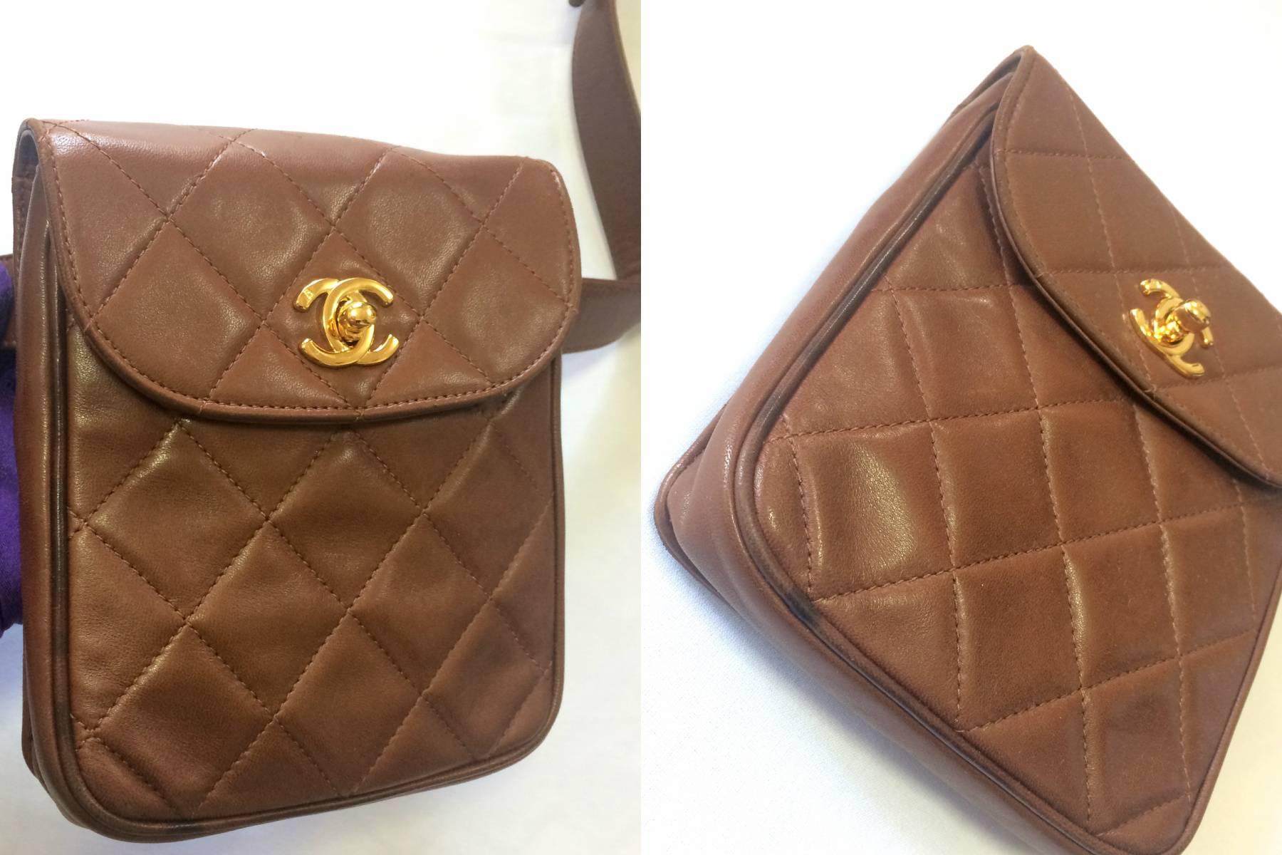 Brown Vintage CHANEL brown leather vertical square shape belt bag, 2.55 fanny pack.