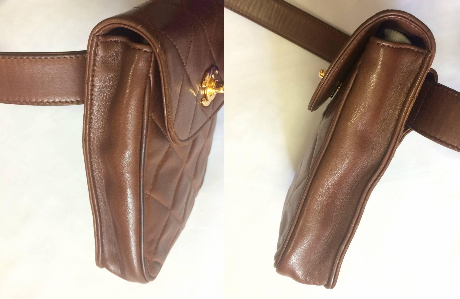 Vintage CHANEL brown leather vertical square shape belt bag, 2.55 fanny pack. 1