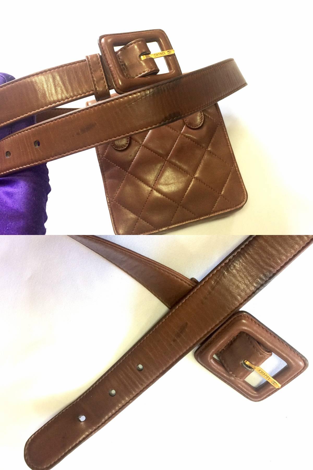 Vintage CHANEL brown leather vertical square shape belt bag, 2.55 fanny pack. In Good Condition In Kashiwa, Chiba