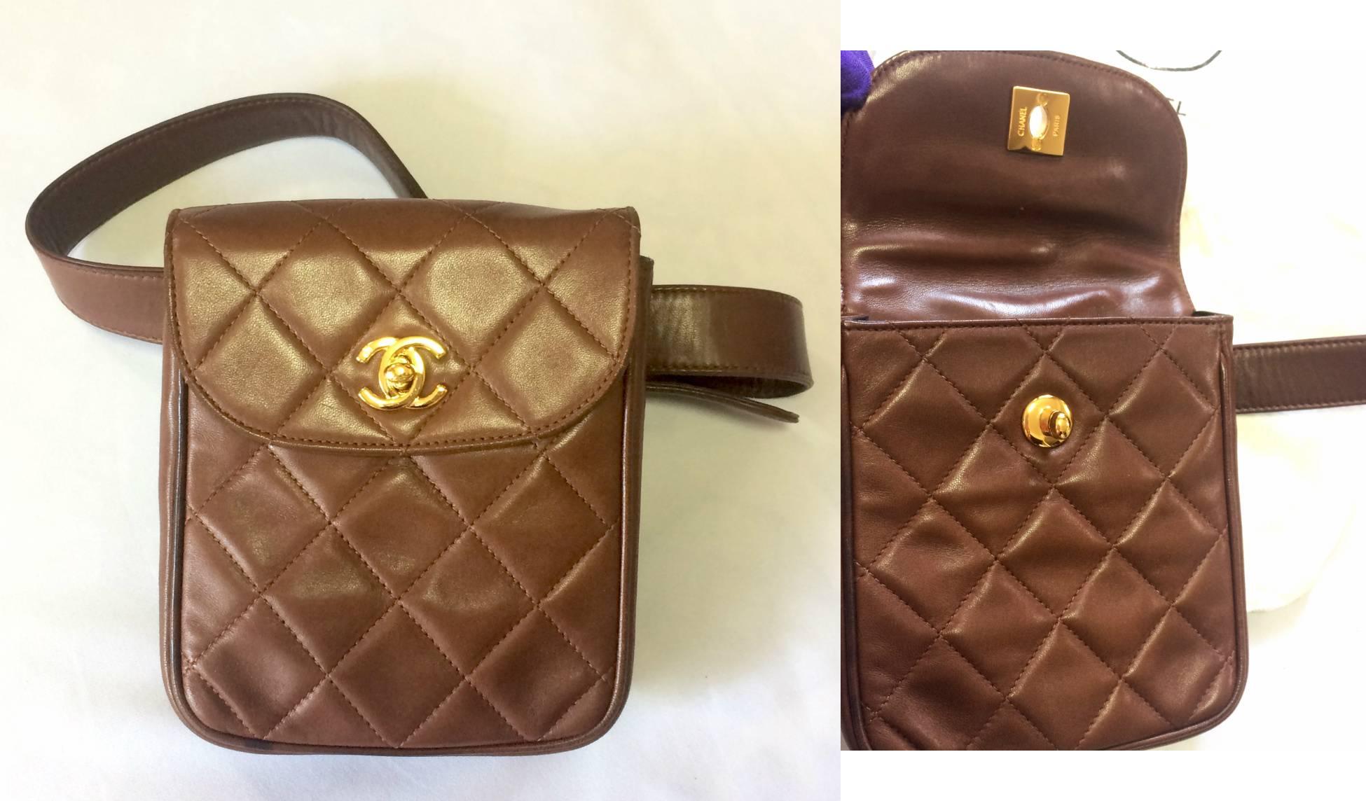 Vintage CHANEL brown leather vertical square shape belt bag, 2.55 fanny pack. 2