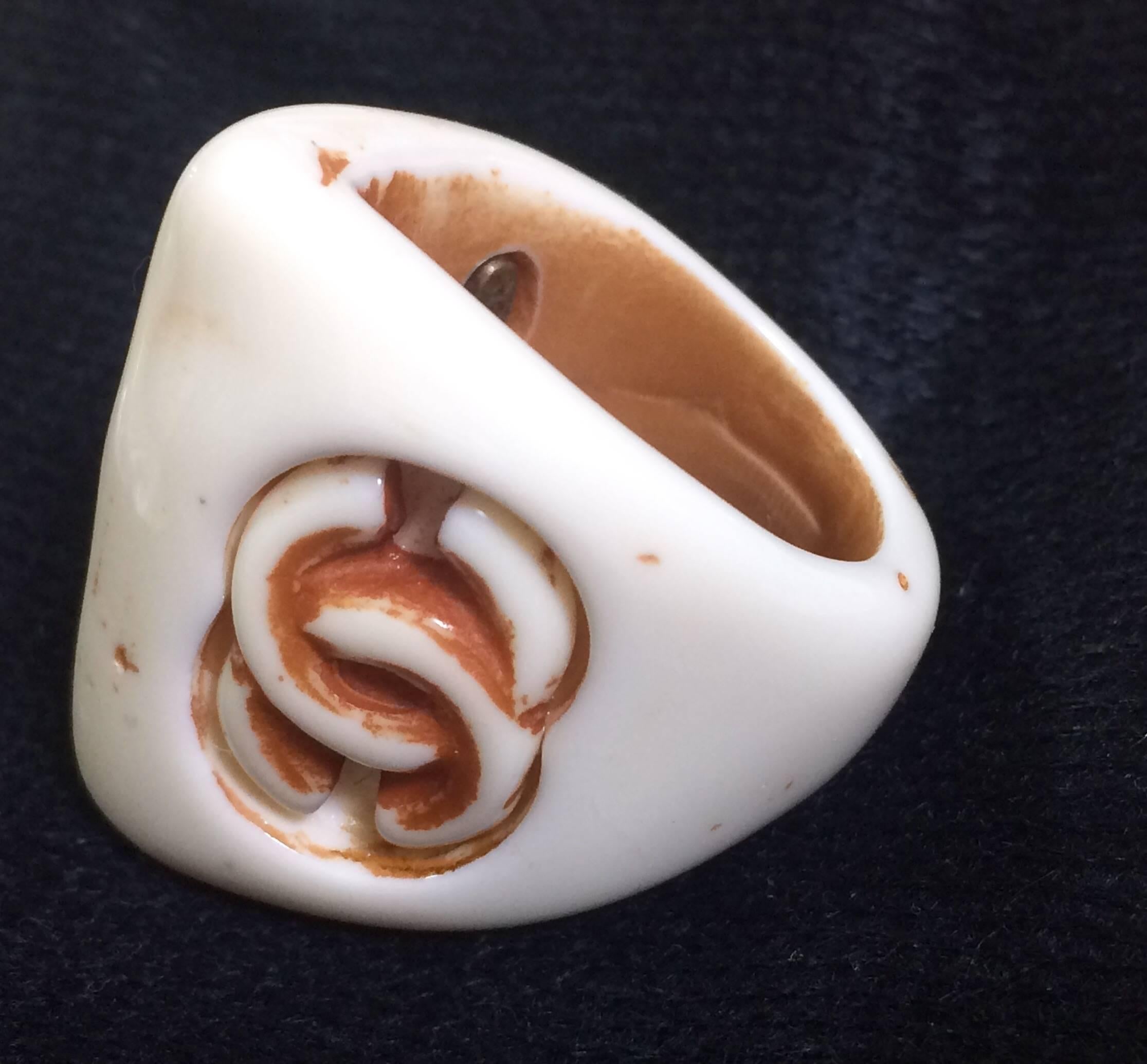 Vintage CHANEL ivory bone, stone design thick plastic ring with engraved CC mark For Sale 1