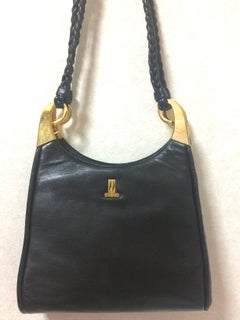 Vintage LANVIN black leather trapezoid shape shoulder bag with kiss lock closure