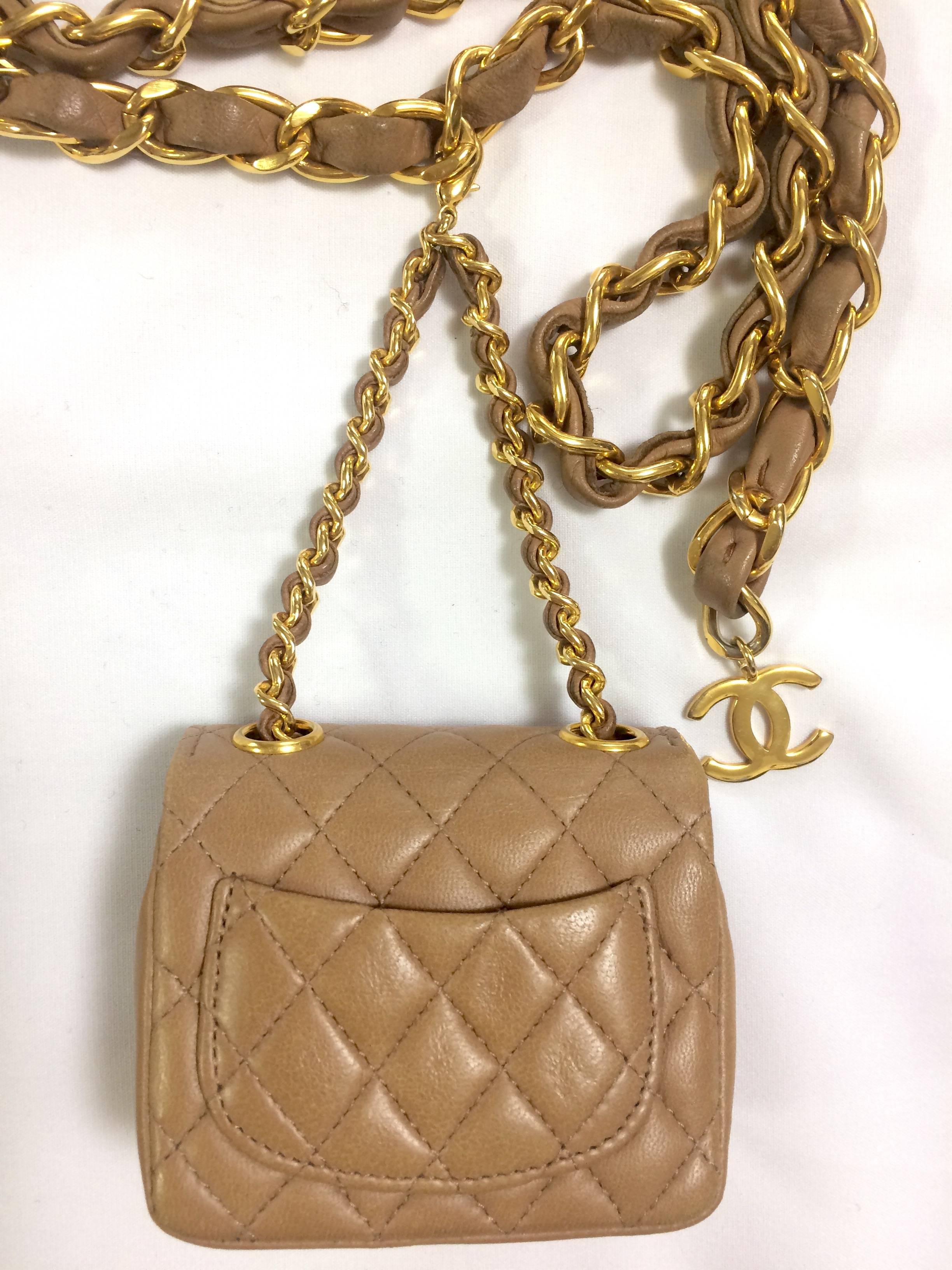 Brown Vintage CHANEL brown lambskin mini 2.55 bag charm chain leather belt with CC.