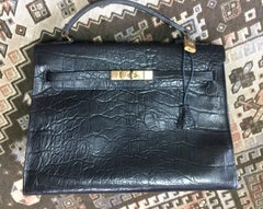 Vintage Mulberry croc embossed black leather Kelly bag.Classic bag by Roger Saul