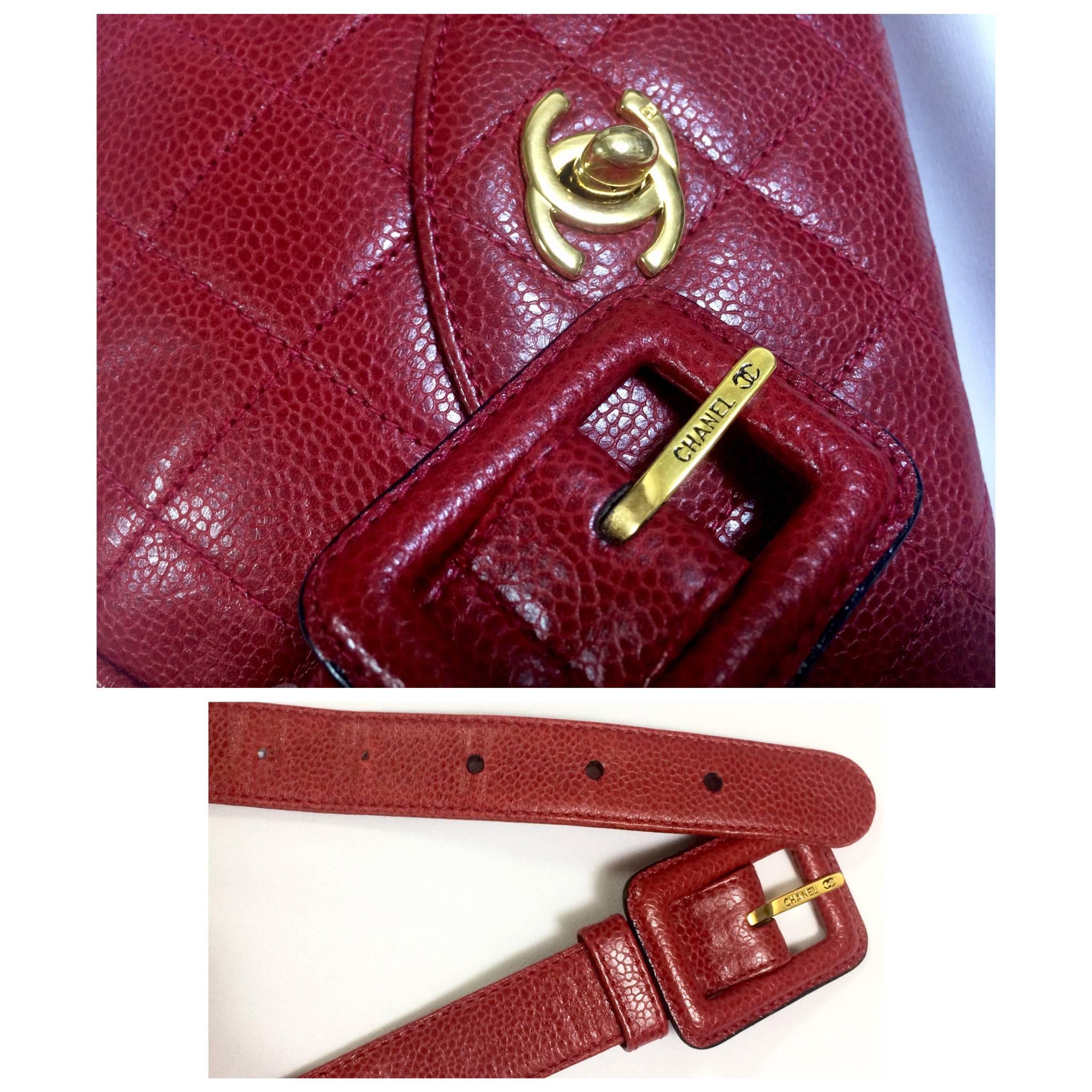 Vintage CHANEL 2.55 red caviar leather waist purse, fanny pack with golden cc. 1