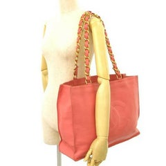 Vintage CHANEL milky pink calf leather large tote bag with gold tone chains.