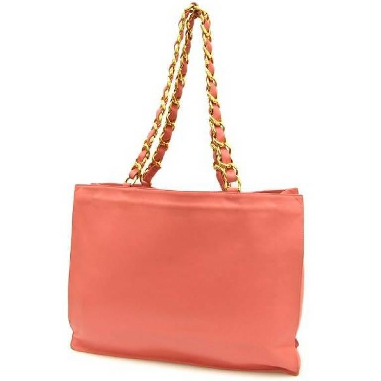 Orange Vintage CHANEL milky pink calf leather large tote bag with gold tone chains. For Sale