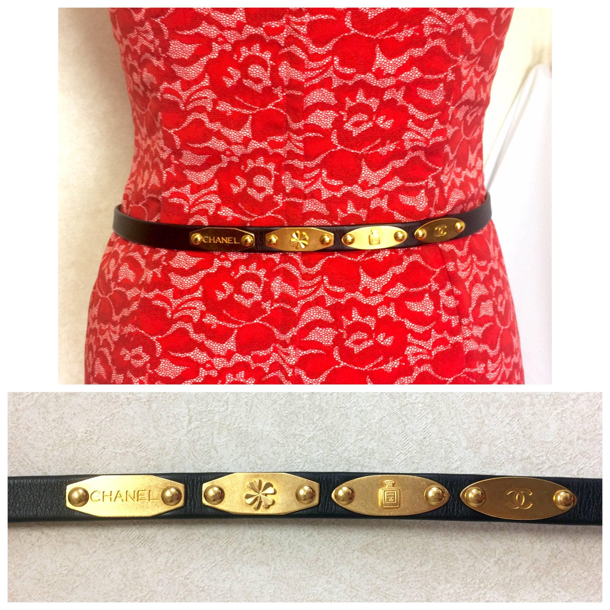 Vintage CHANEL black belt with CC, camellia flower, turtle, perfume, clover... 2