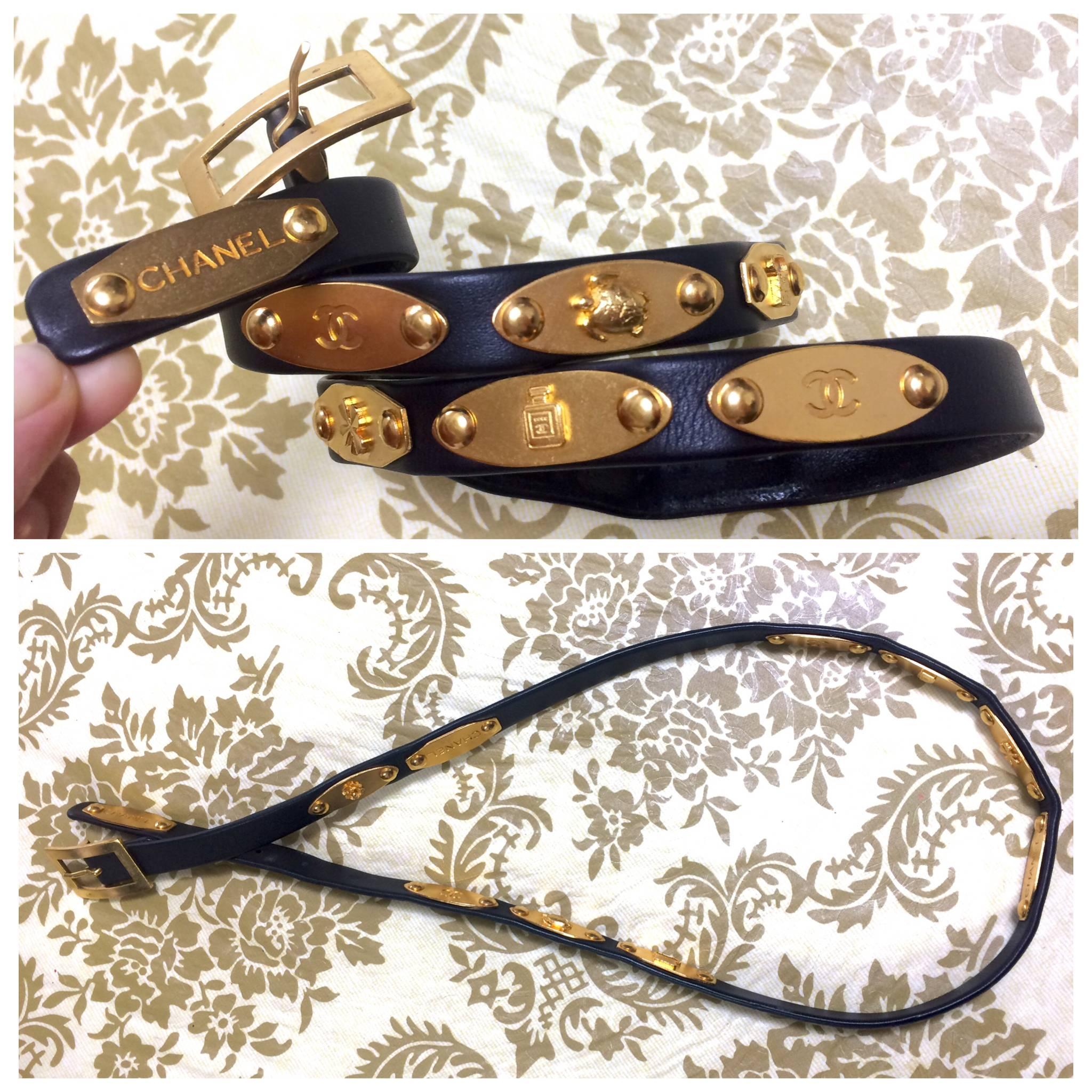 Vintage CHANEL black belt with CC, camellia flower, turtle, perfume, clover... 4