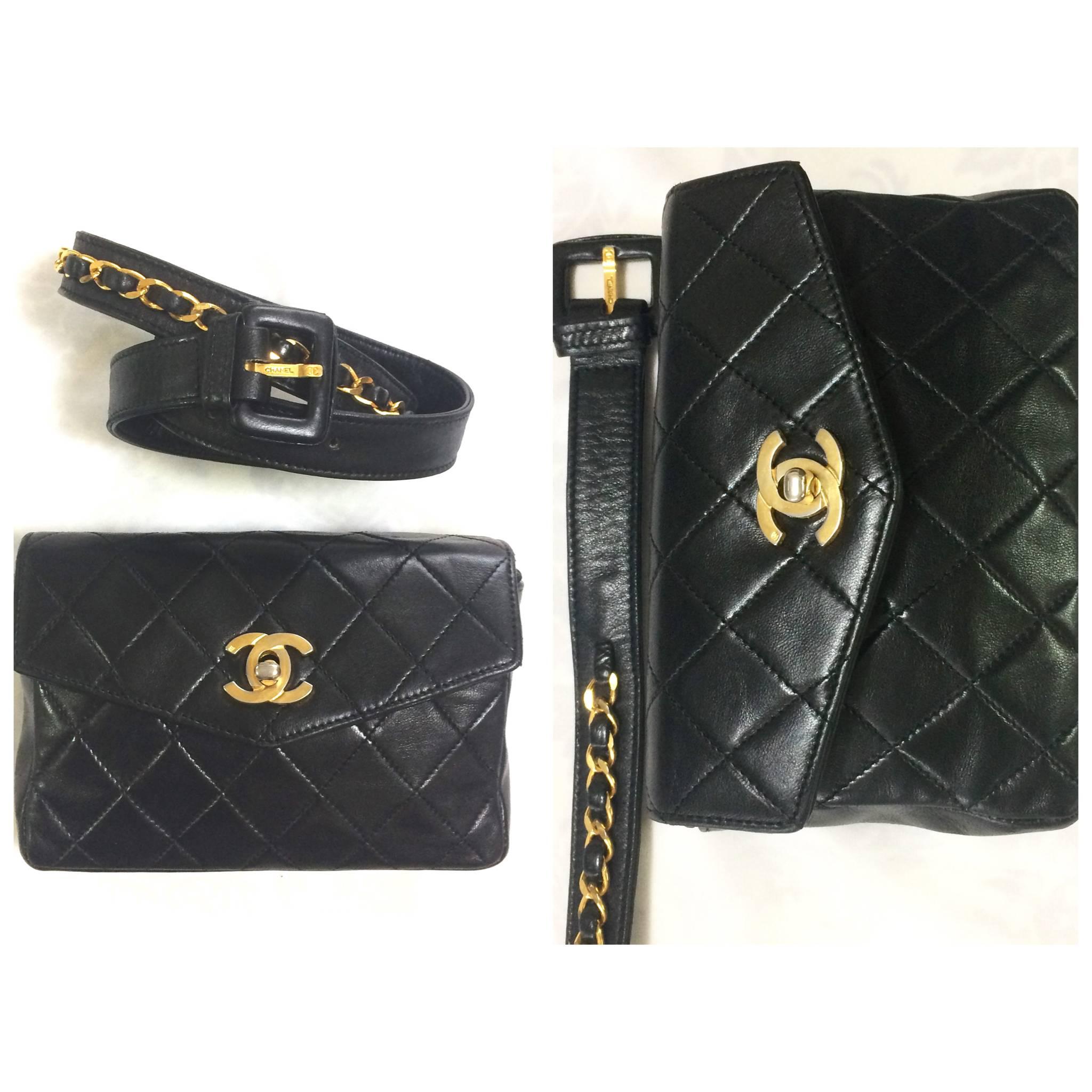 Black Vintage CHANEL black waist purse, fanny pack with golden CC and chain belt.