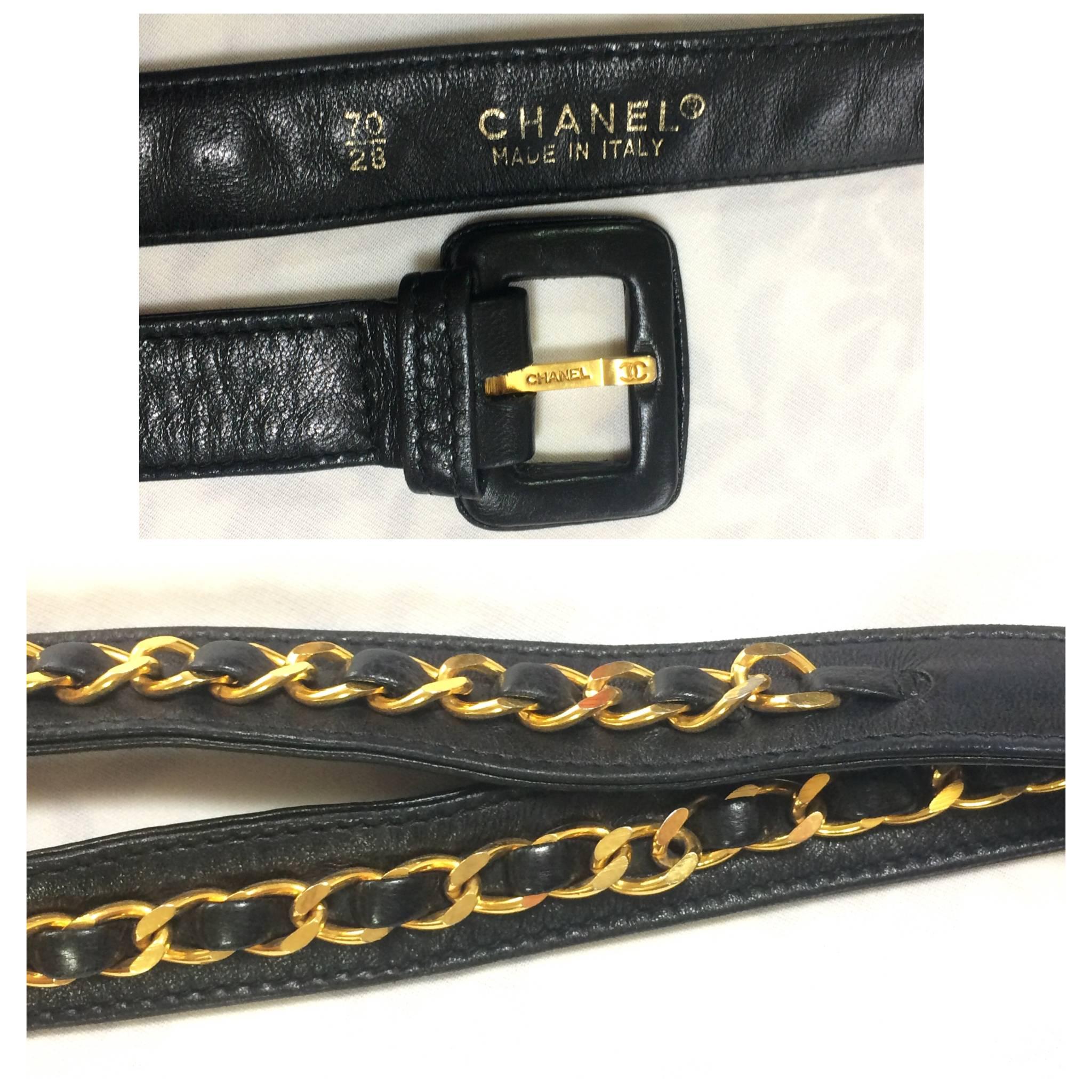 Vintage CHANEL black waist purse, fanny pack with golden CC and chain belt. 4