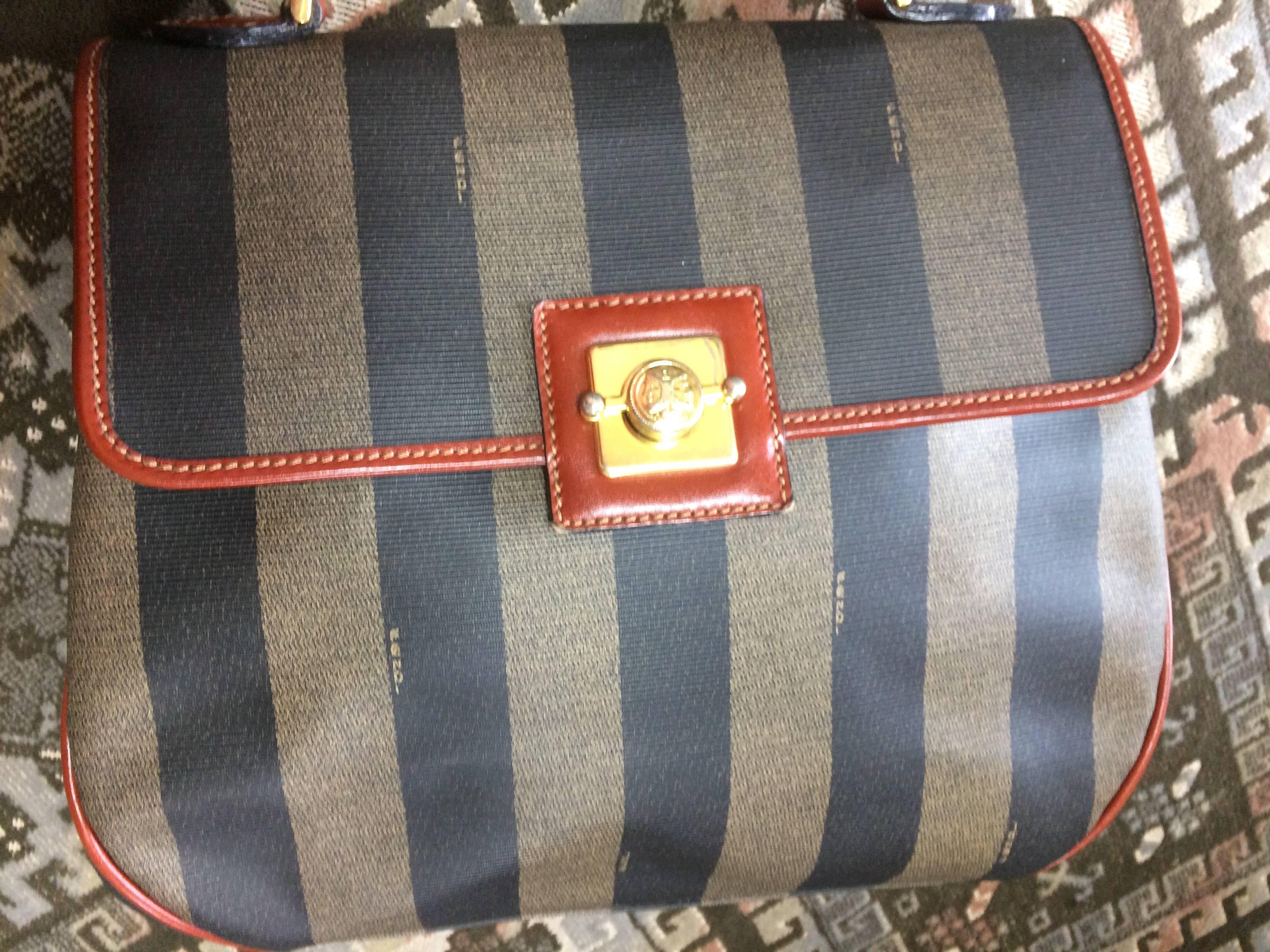 Gray Vintage FENDI pecan stripe large handbag, purse with brown leather trimming