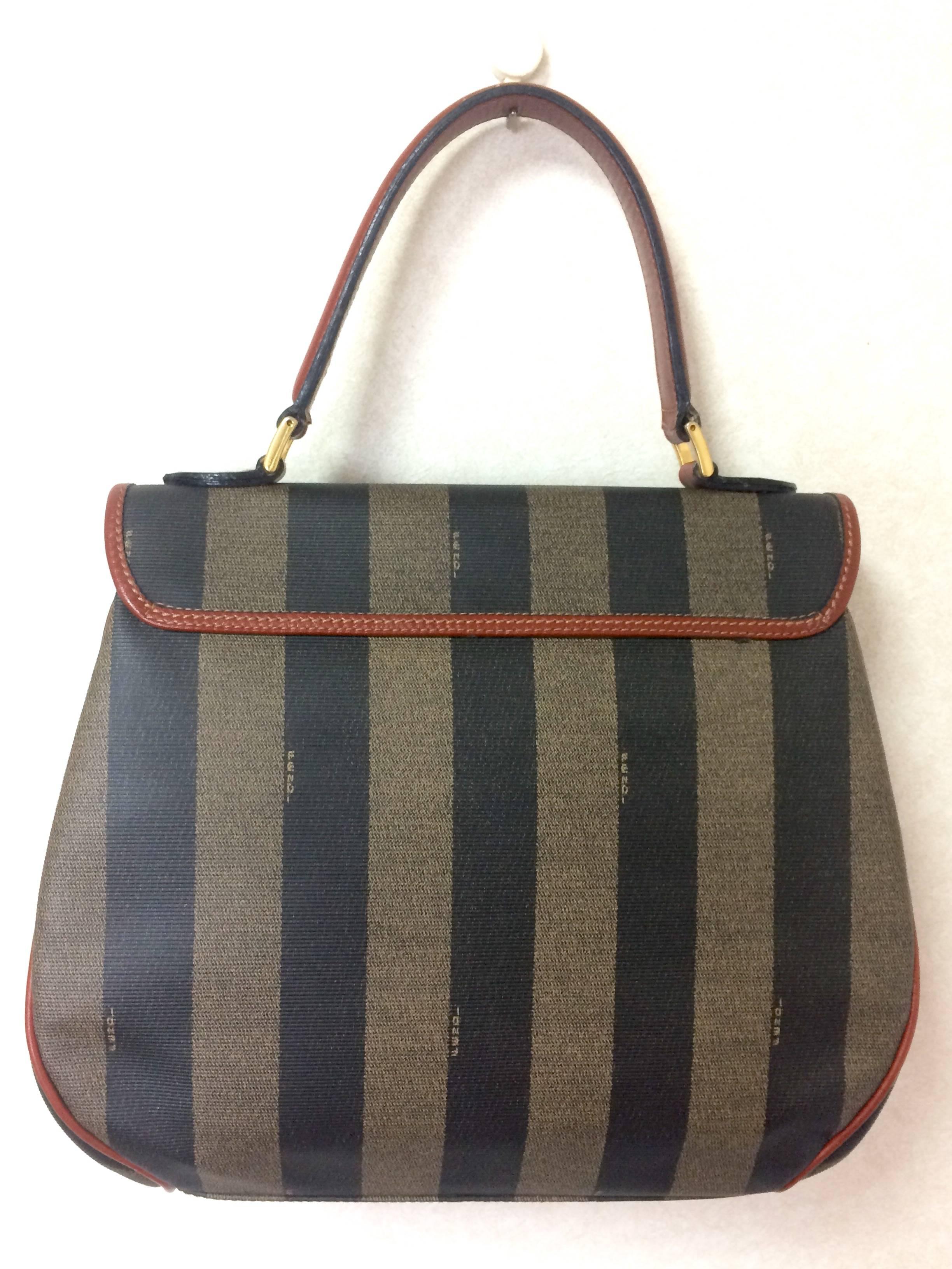 Vintage FENDI pecan stripe large handbag, purse with brown leather trimming In Good Condition In Kashiwa, Chiba