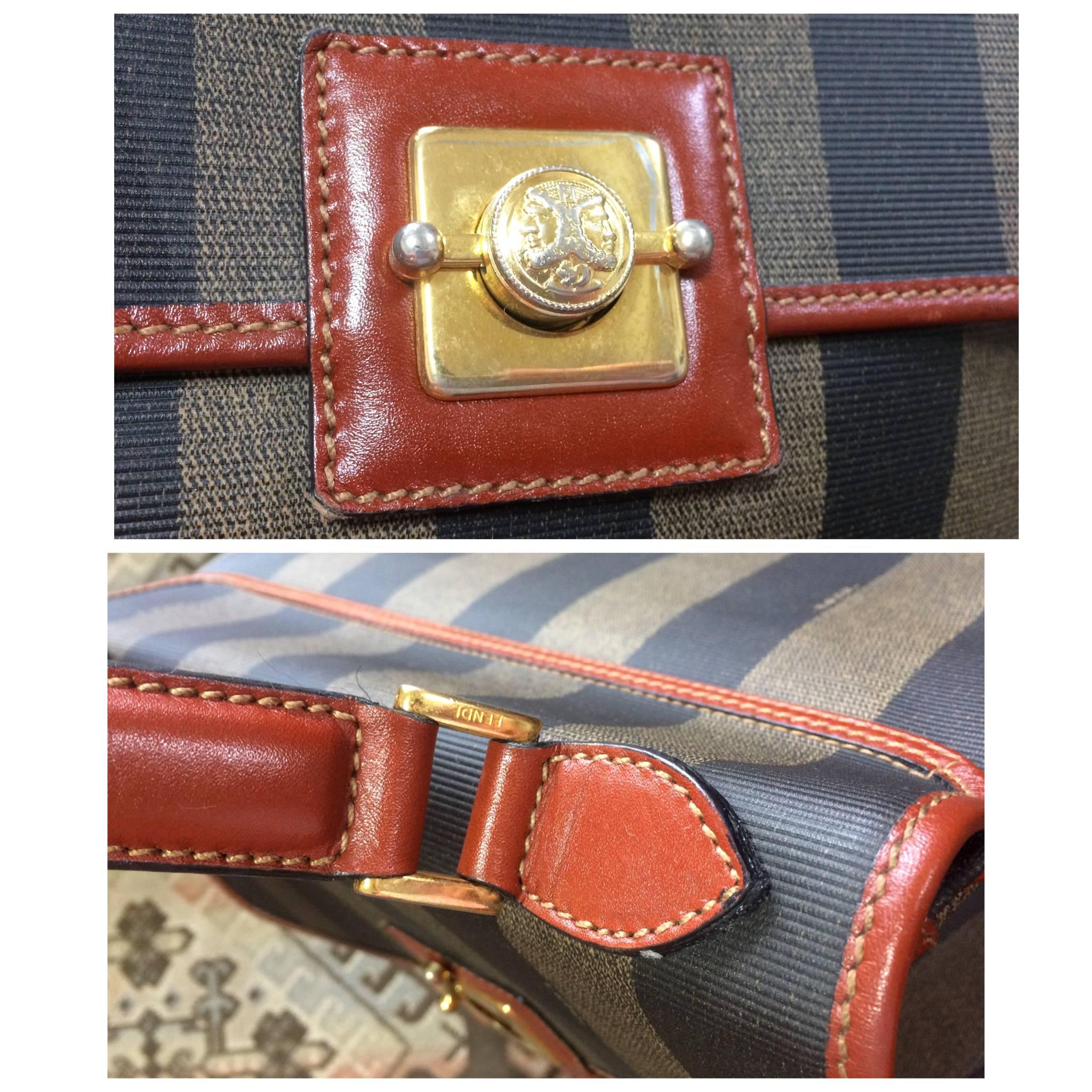 Vintage FENDI pecan stripe large handbag, purse with brown leather trimming 1
