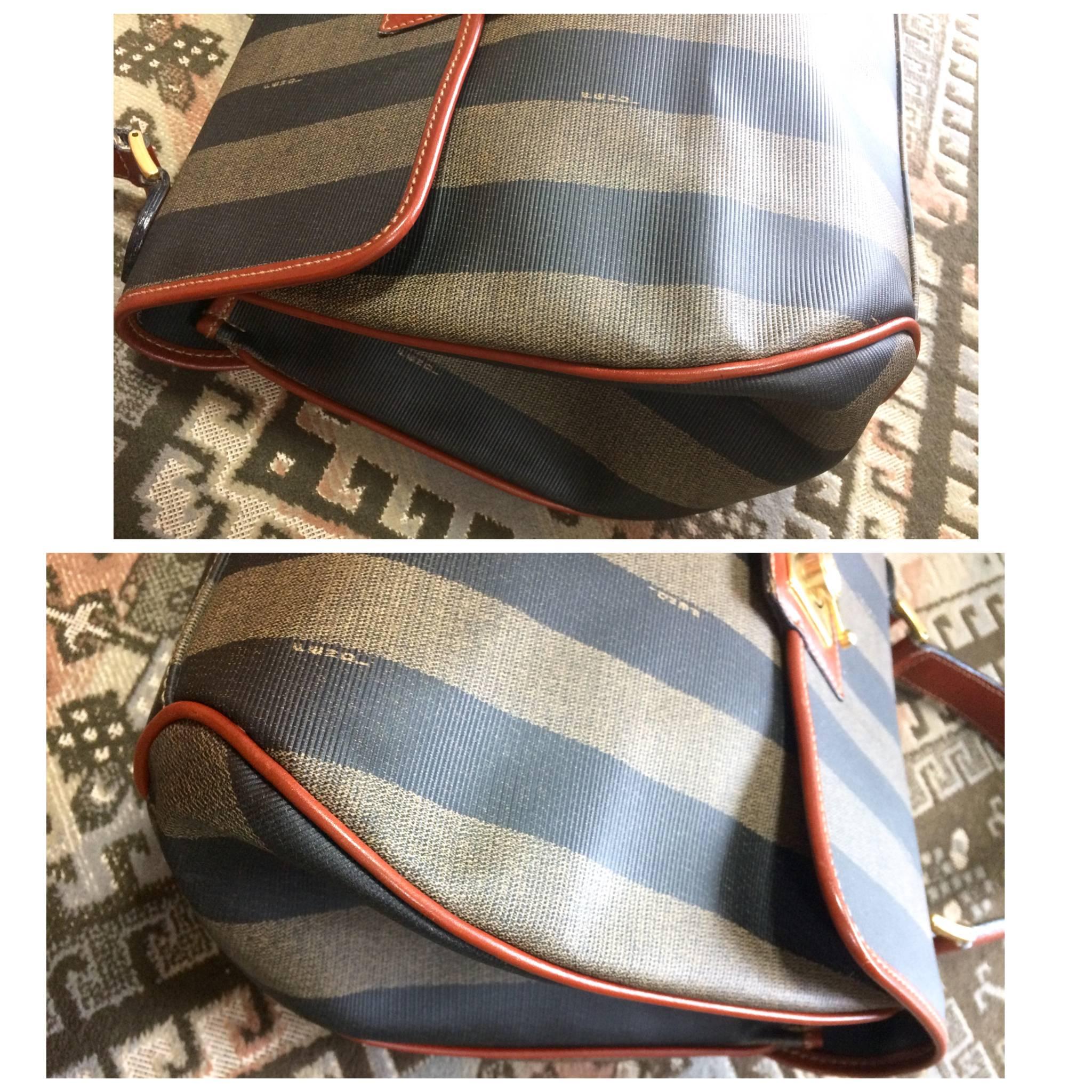 Vintage FENDI pecan stripe large handbag, purse with brown leather trimming 2