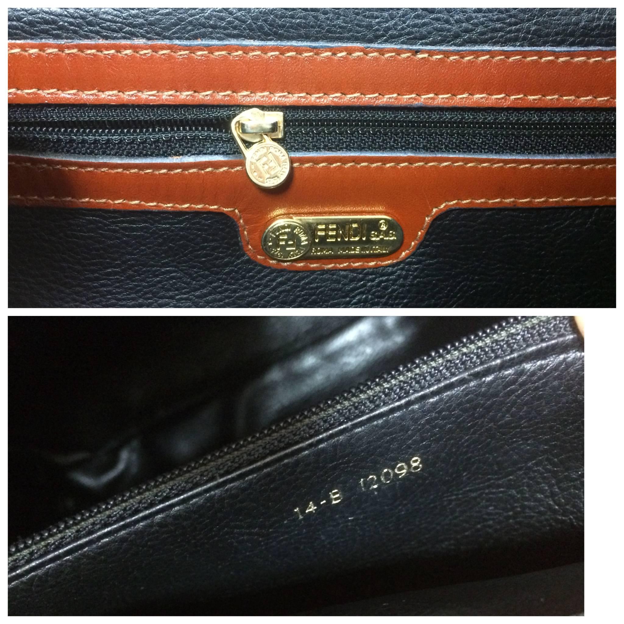 Vintage FENDI pecan stripe large handbag, purse with brown leather trimming 3