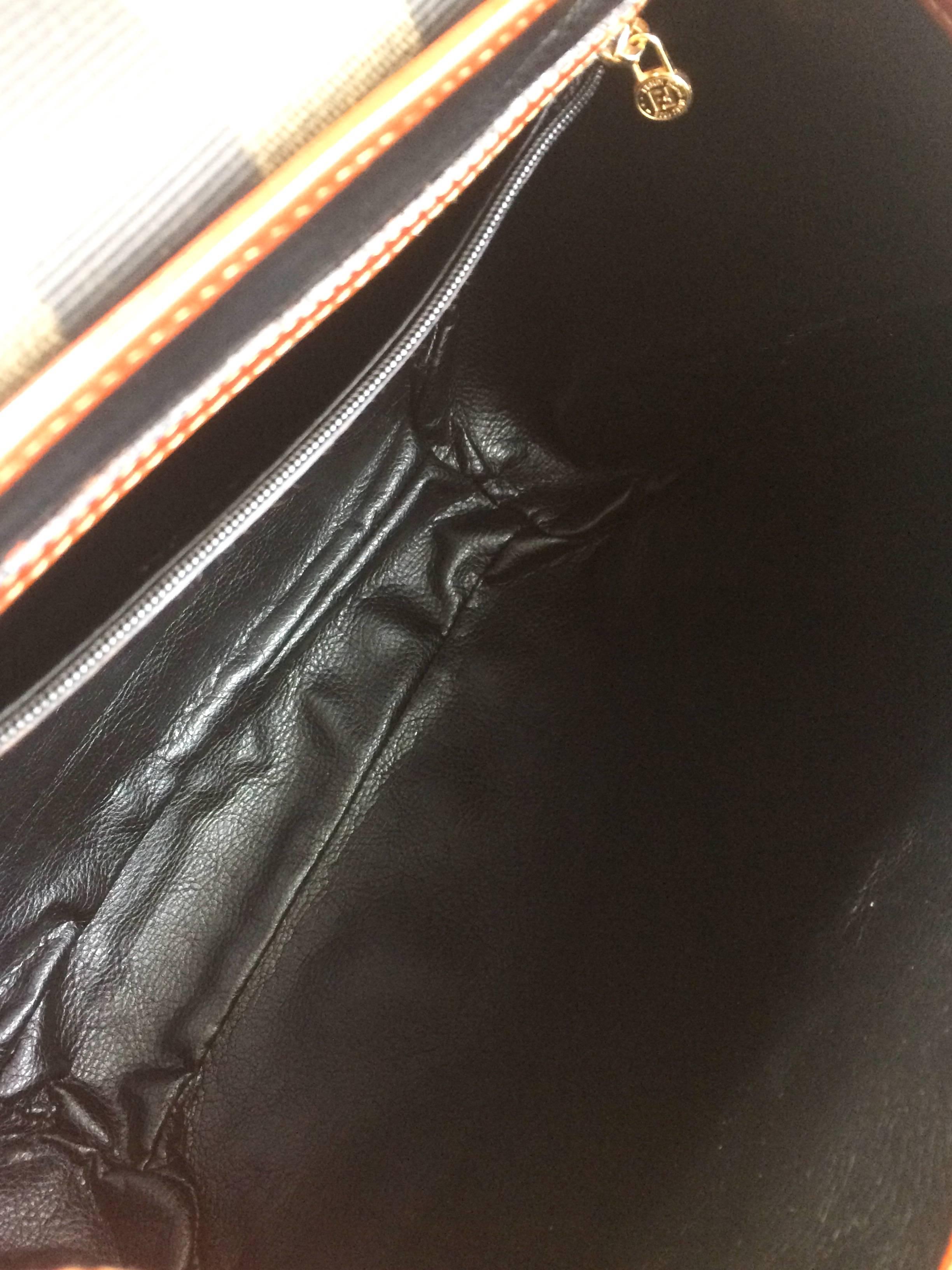 Vintage FENDI pecan stripe large handbag, purse with brown leather trimming 4