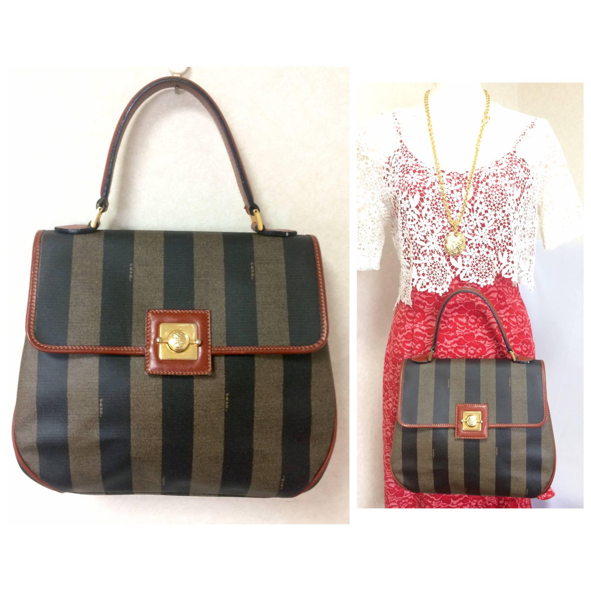 Vintage FENDI pecan stripe large handbag, purse with brown leather trimming 5