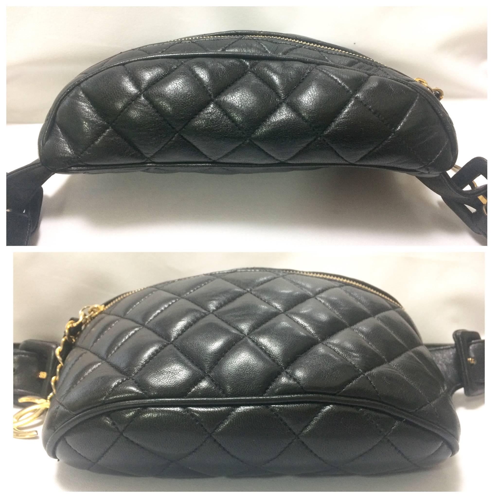 Women's Vintage CHANEL black leather waist bag, fanny pack with belt and golden CC motif