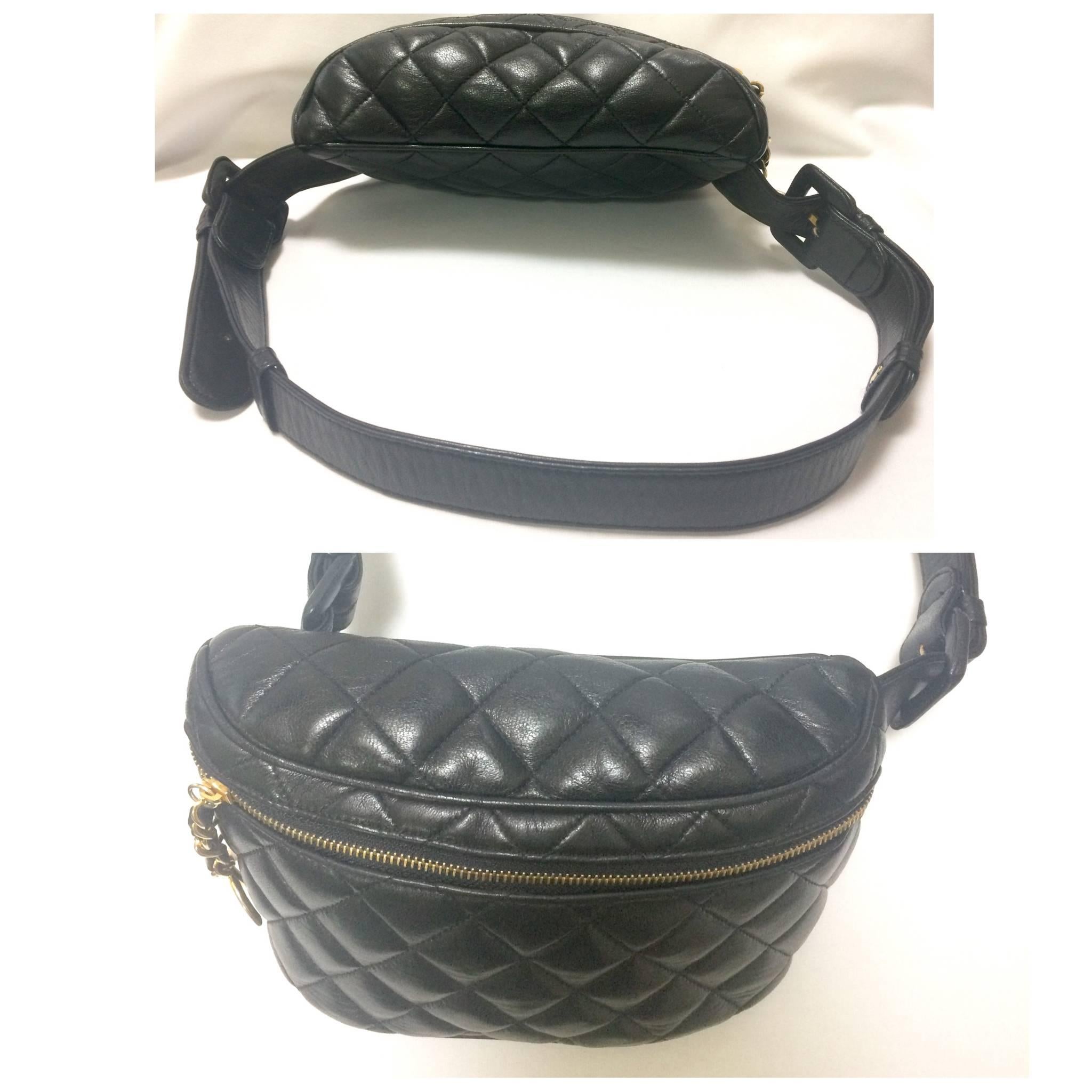 Vintage CHANEL black leather waist bag, fanny pack with belt and golden CC motif 1