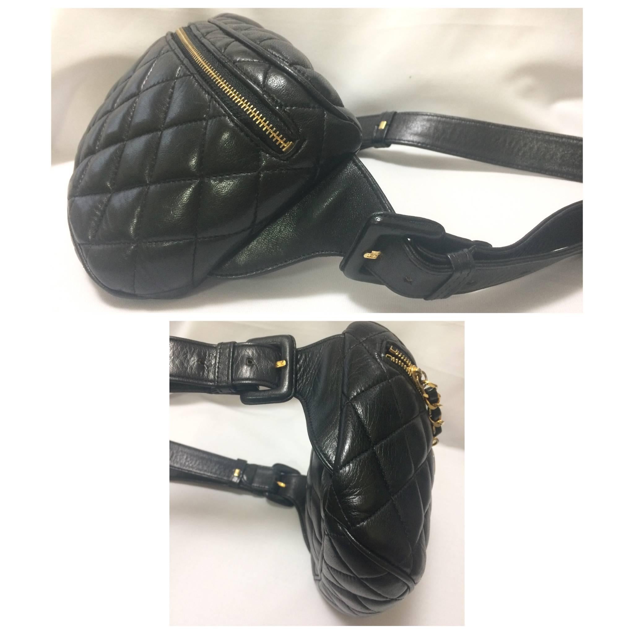 Vintage CHANEL black leather waist bag, fanny pack with belt and golden CC motif 2