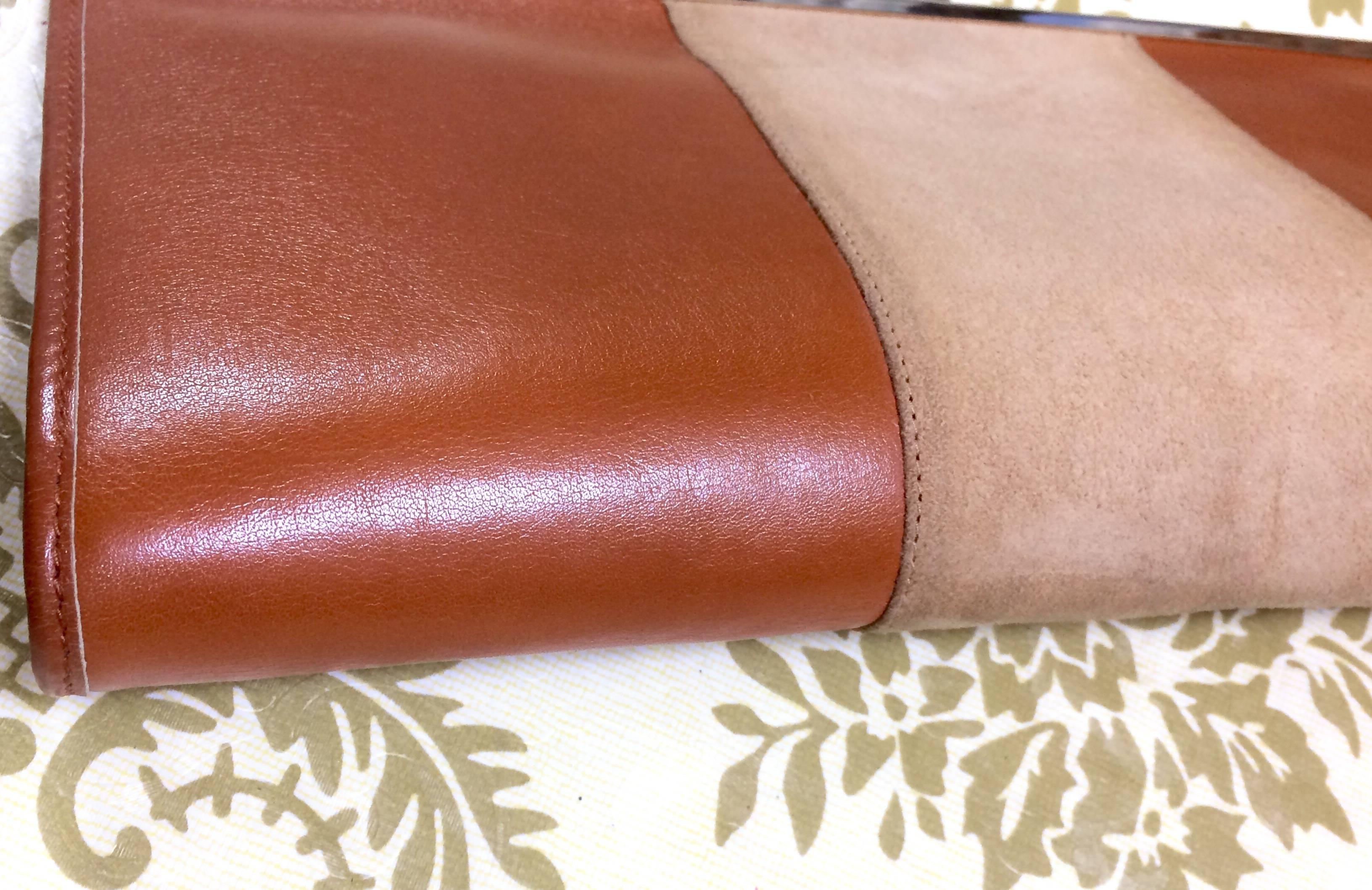 Brown Vintage Christian Dior beige suede and tanned brown leather clutch purse For Sale