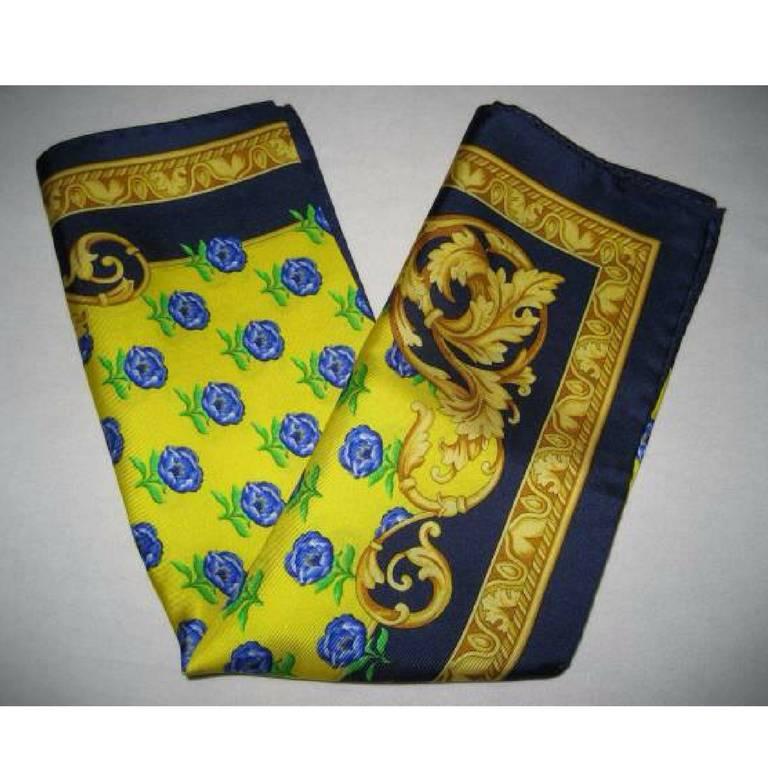 1990s. NEW. MINT. Vintage Gianni Versace yellow, blue, green, and gold Victorian and flower pattern print silk scarf. Gorgeous masterpiece from Italy.

*Another color version in red is also for sale.
See inside store.

This is a 100% silk scarf from