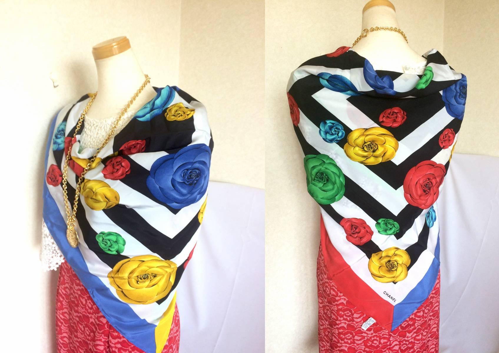Vintage Chanel black white geometric, red, yellow, blue and green camellia scarf For Sale 4
