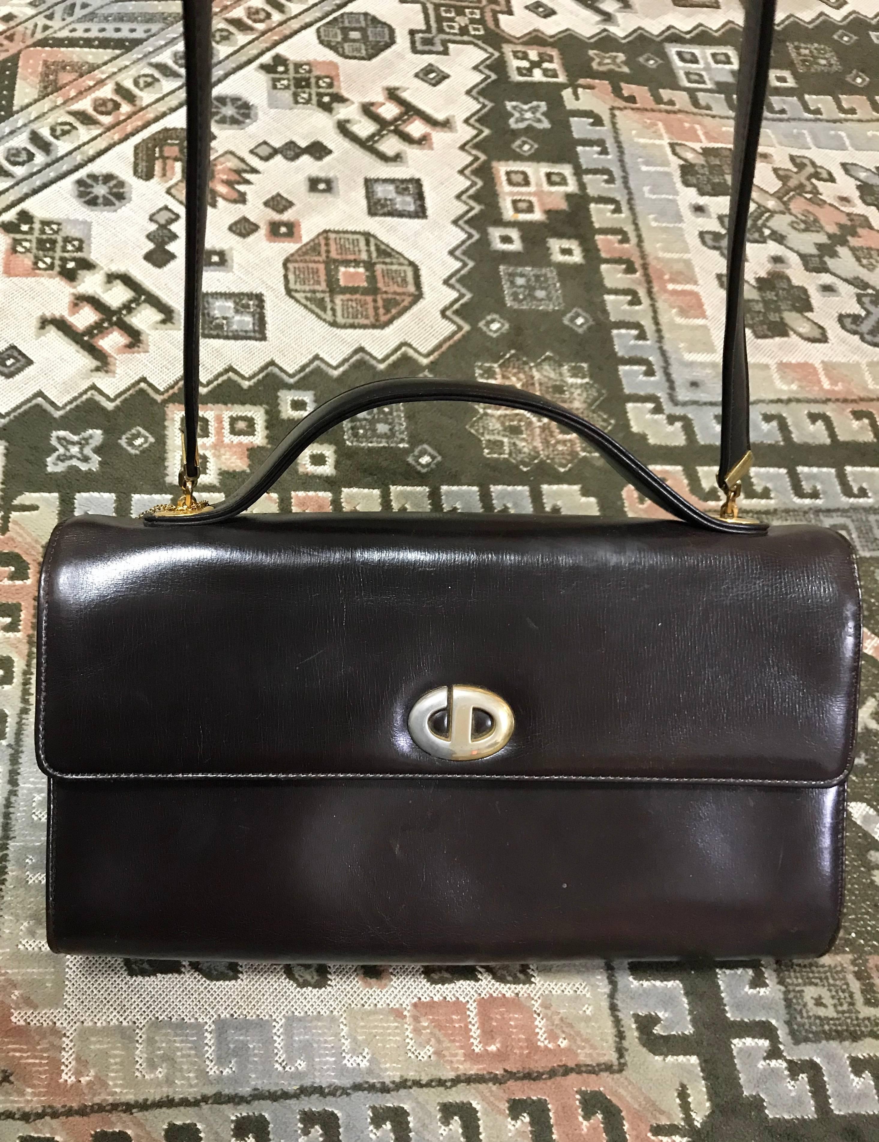 Vintage Christian Dior dark brown leather shoulder bag with CD motif and strap. For Sale 2