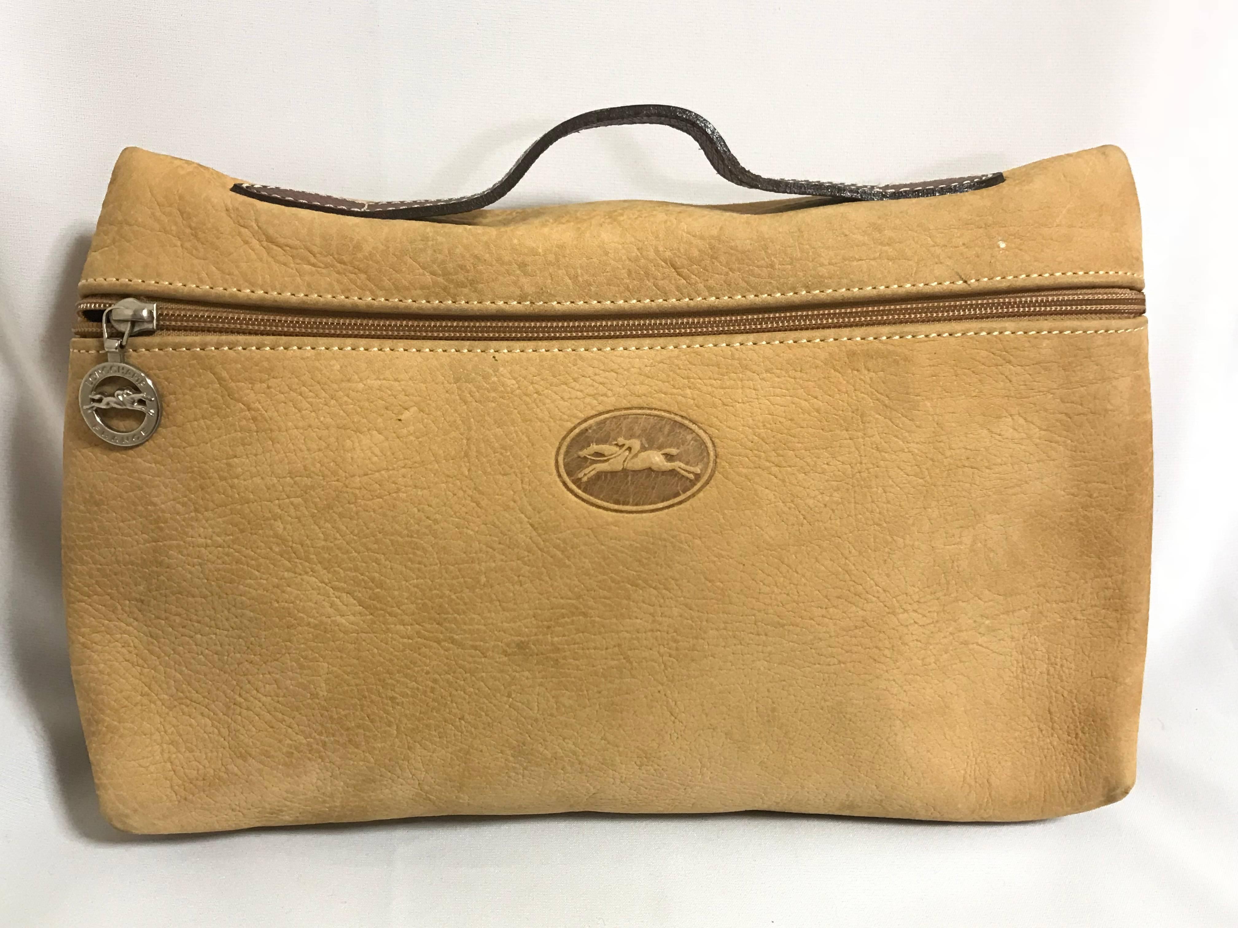Vintage Longchamp beige suede leather travel pouch, Mini purse with logo motif. 1