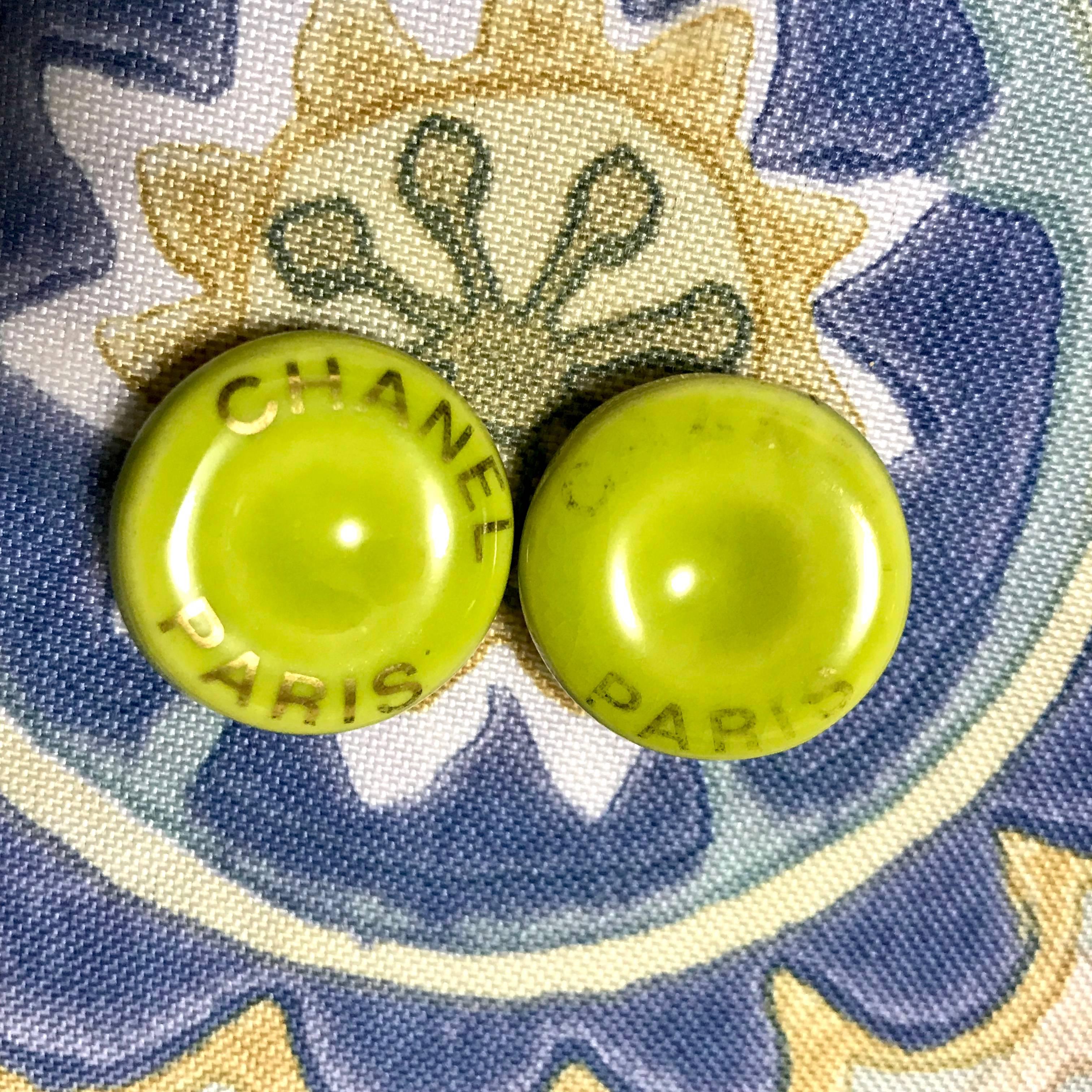 Women's Vintage CHANEL yellow green, lime color and golden round button candy earrings. For Sale