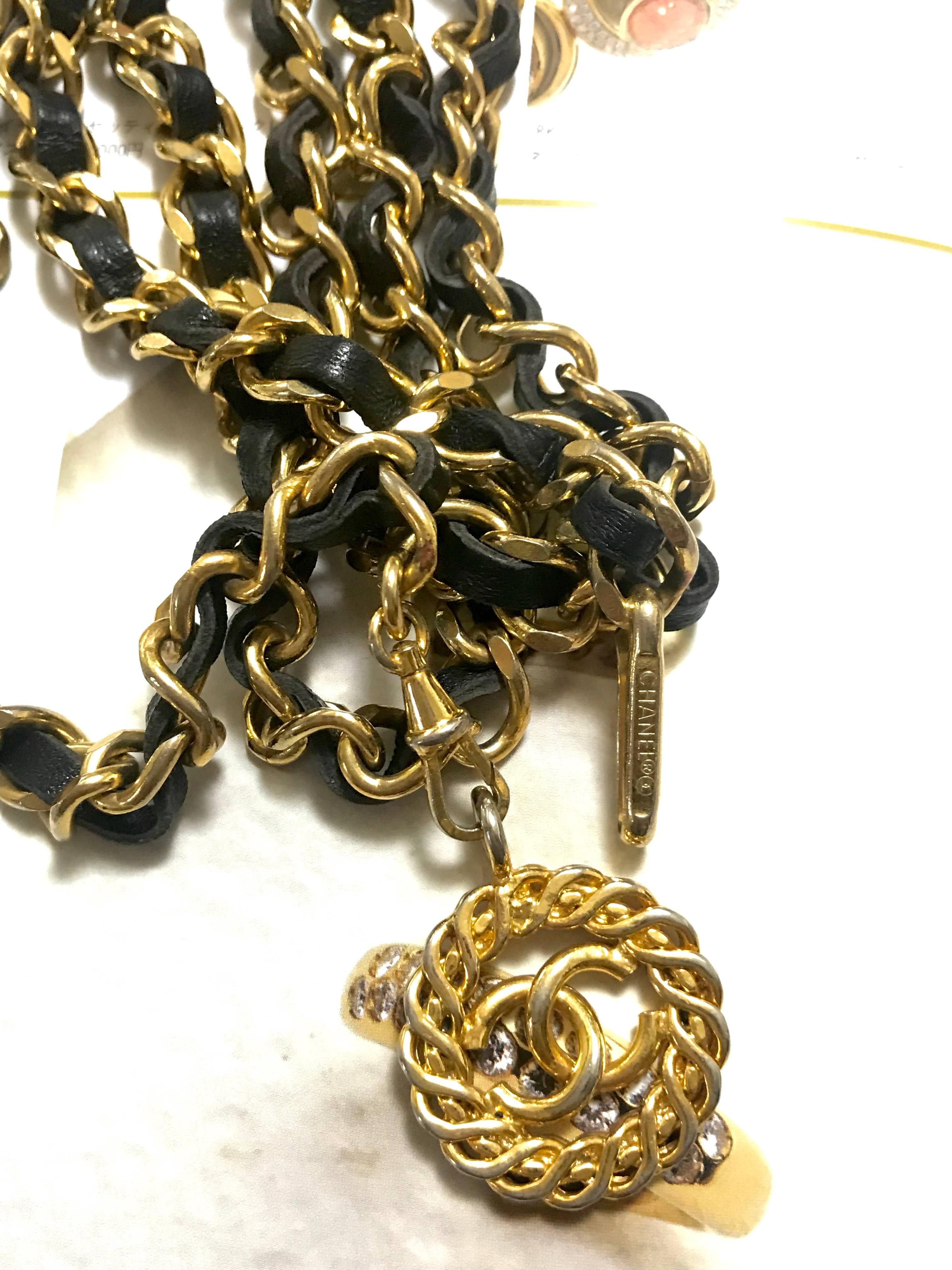 Vintage CHANEL golden chain and black belt/necklace with flower CC mark charm.  3