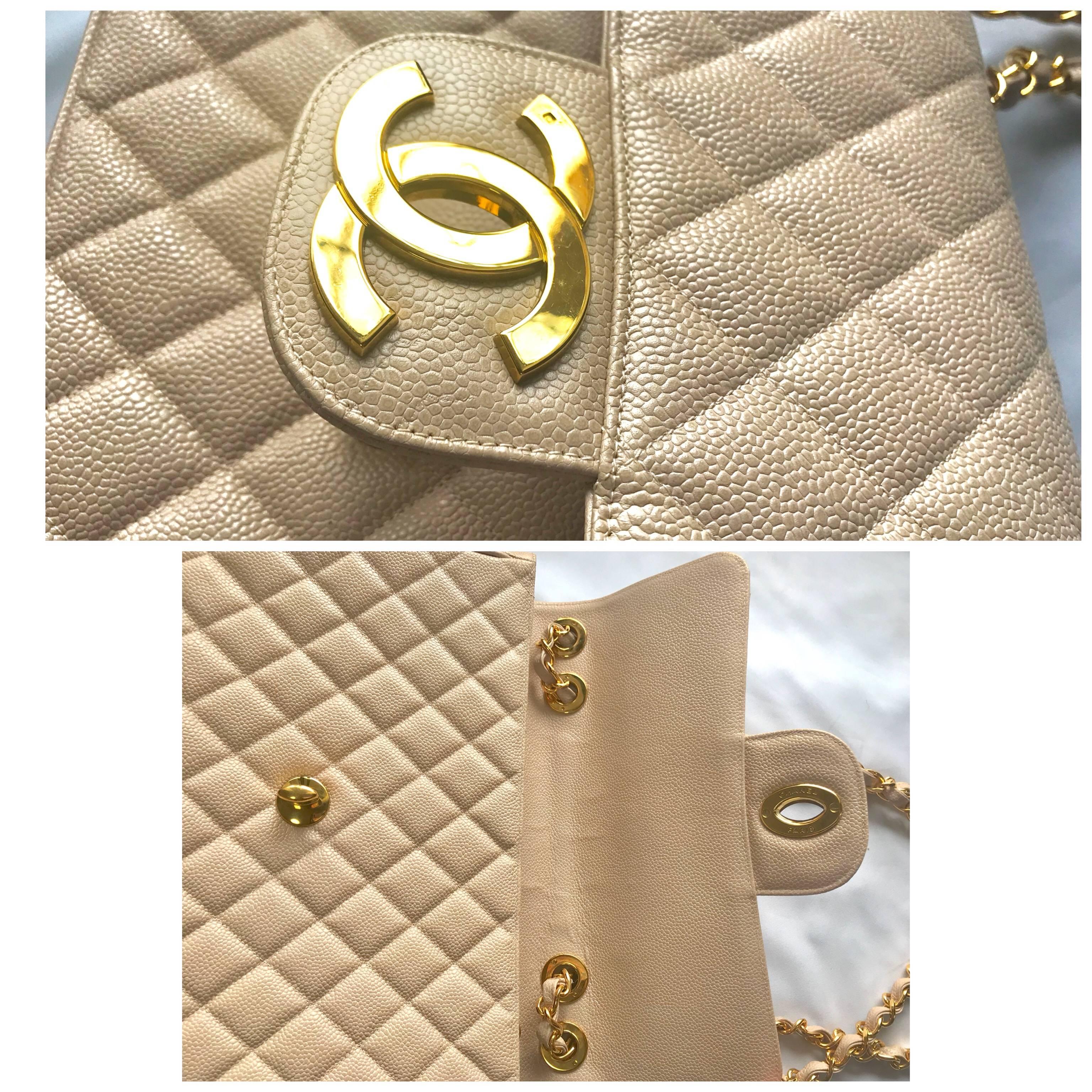 Women's MINT. 1990s. Vintage CHANEL beige jumbo/large 2.55 caviar leather shoulder bag.