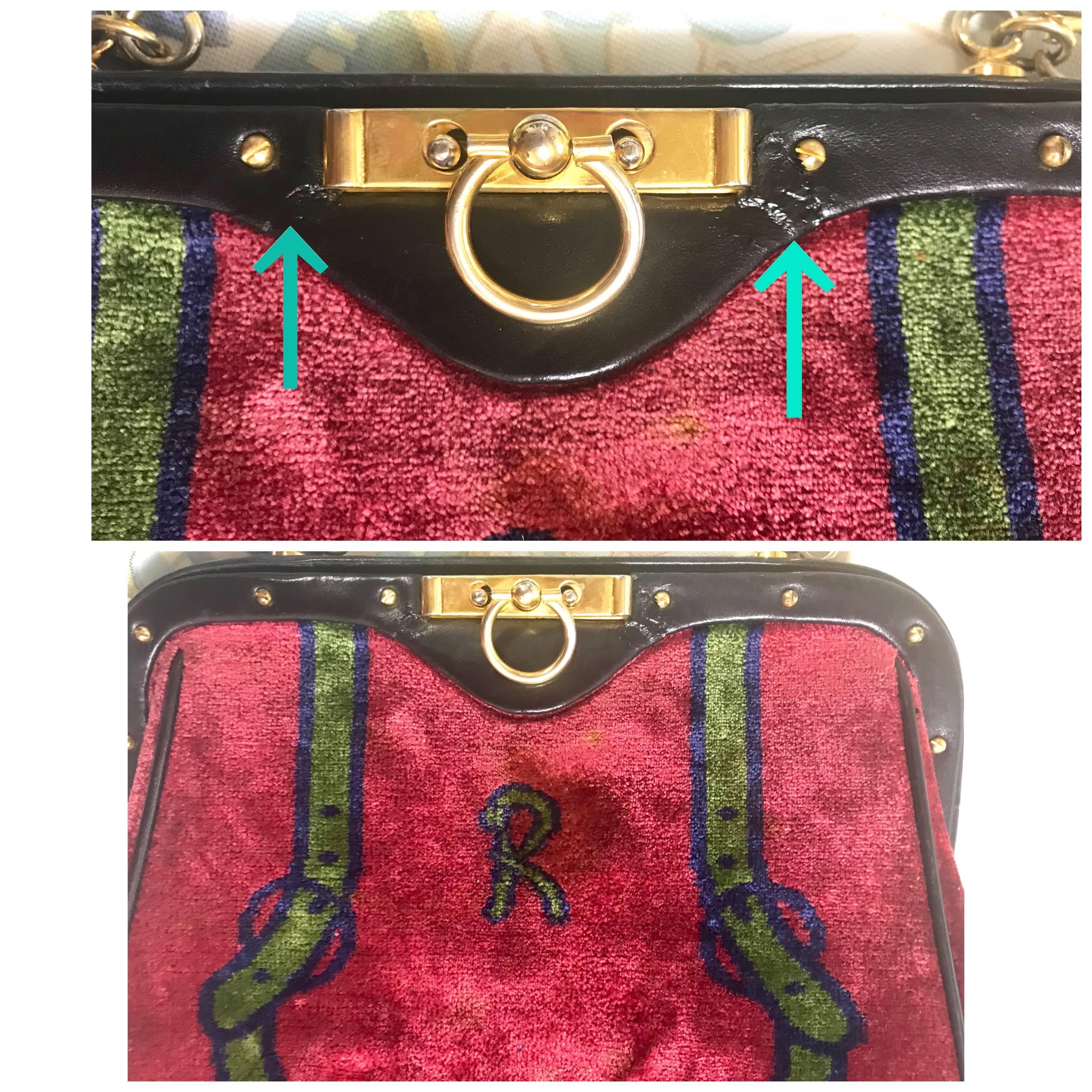 Roberta di Camerino vintage red and green navy bow and logo weaved chenille bag  In Good Condition For Sale In Kashiwa, Chiba