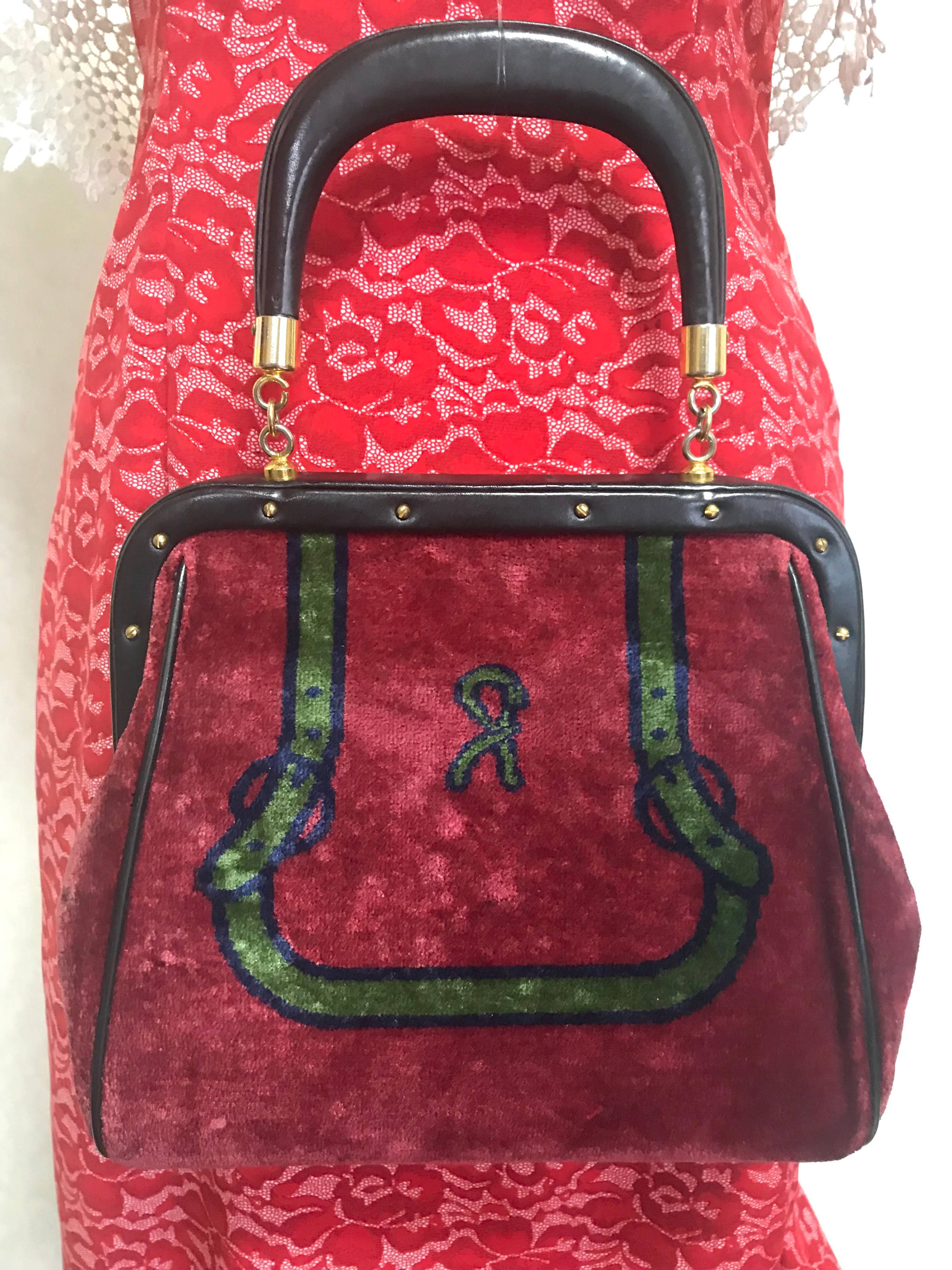 Roberta di Camerino vintage red and green navy bow and logo weaved chenille bag  For Sale 1