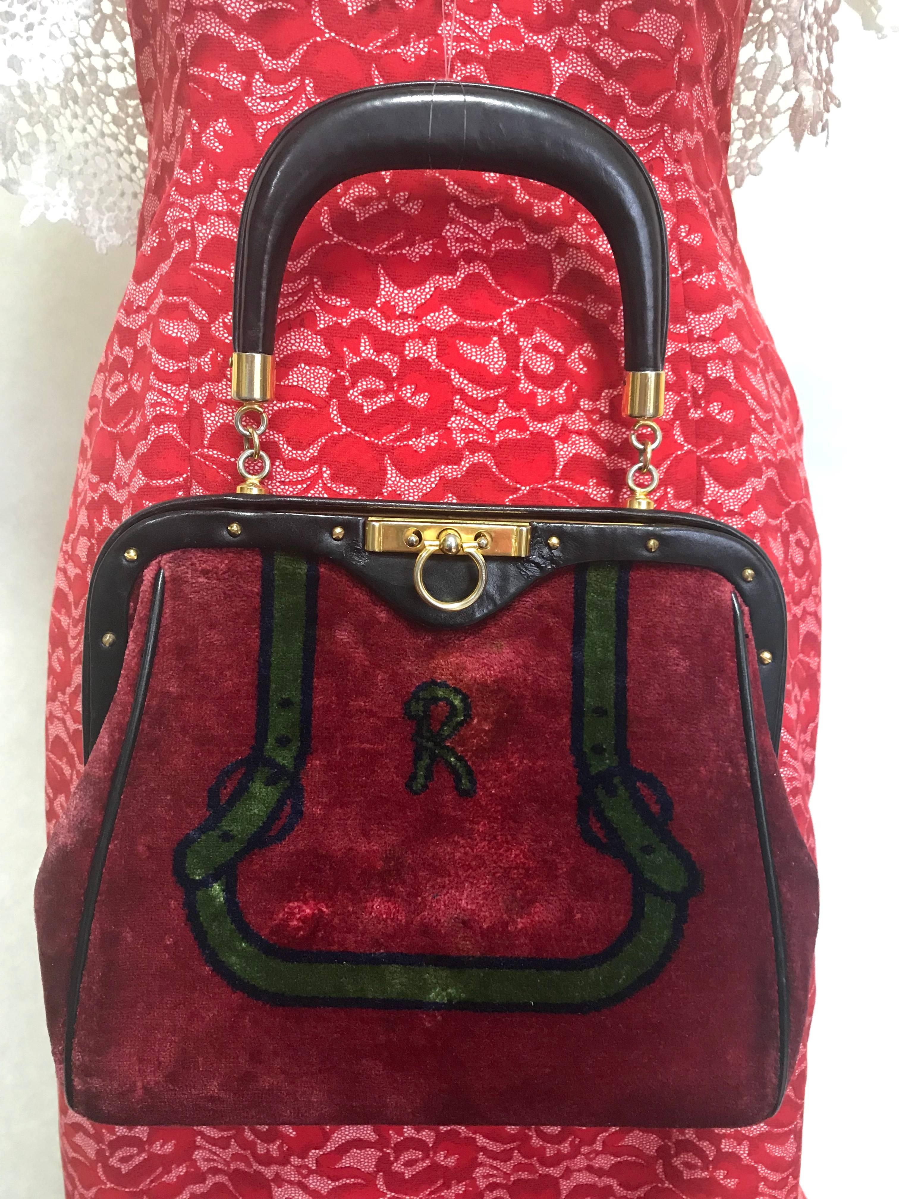 Women's Roberta di Camerino vintage red and green navy bow and logo weaved chenille bag  For Sale