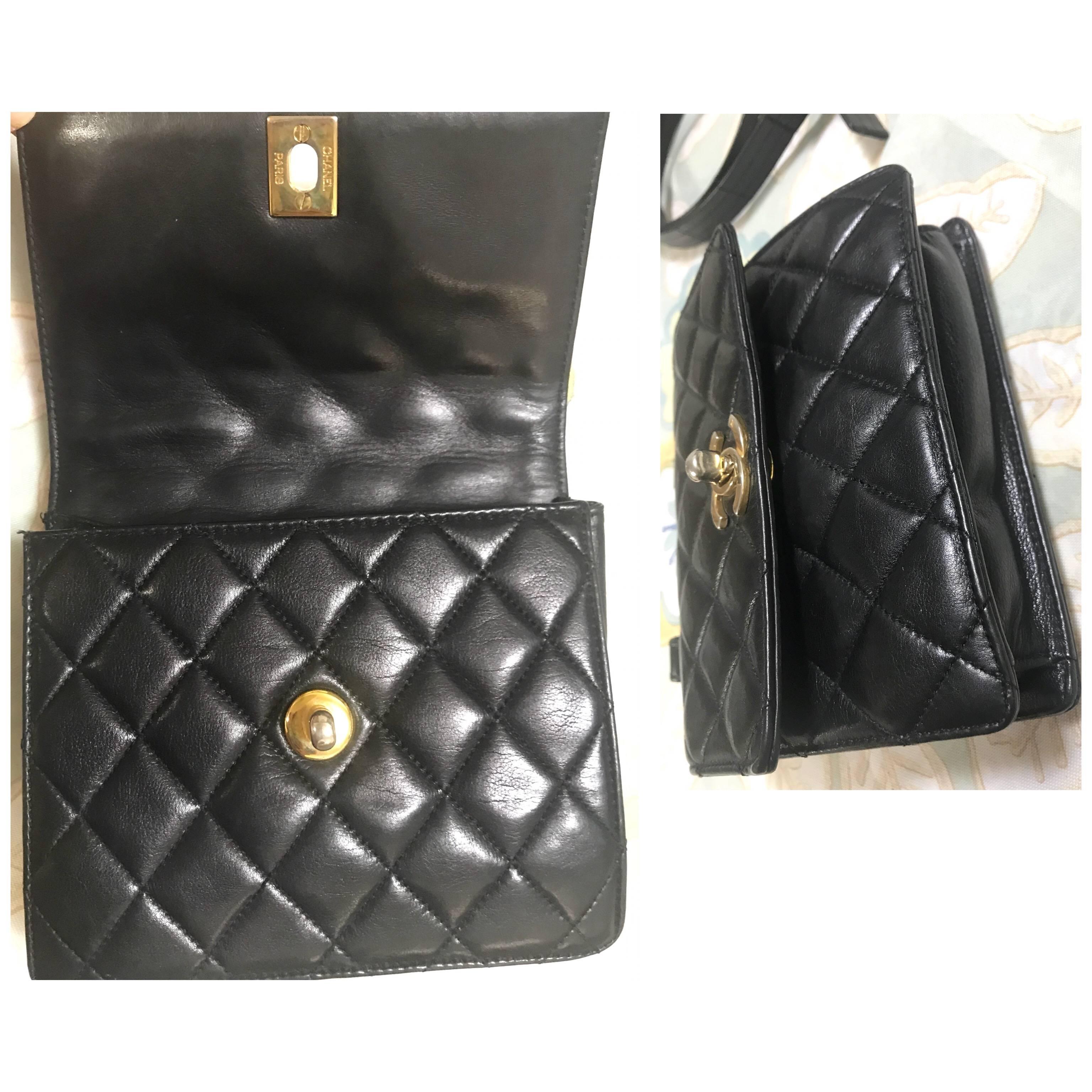 Vintage CHANEL square black lambskin waist purse, fanny pack pouch and belt set. 2
