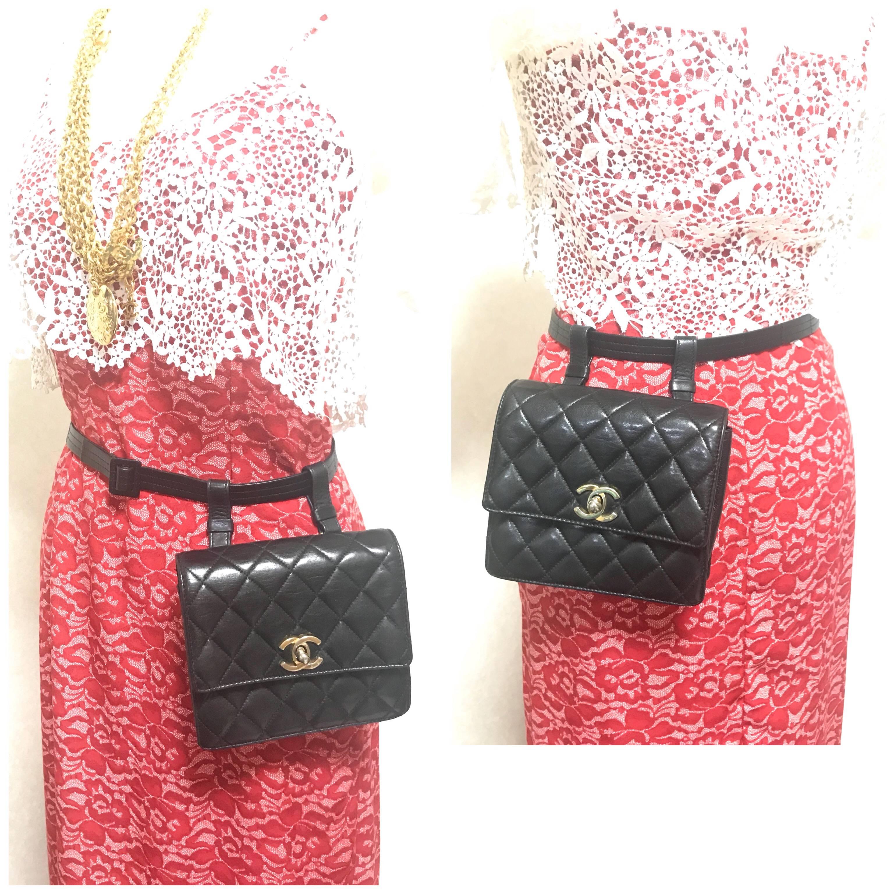 Vintage CHANEL square black lambskin waist purse, fanny pack pouch and belt set. 5