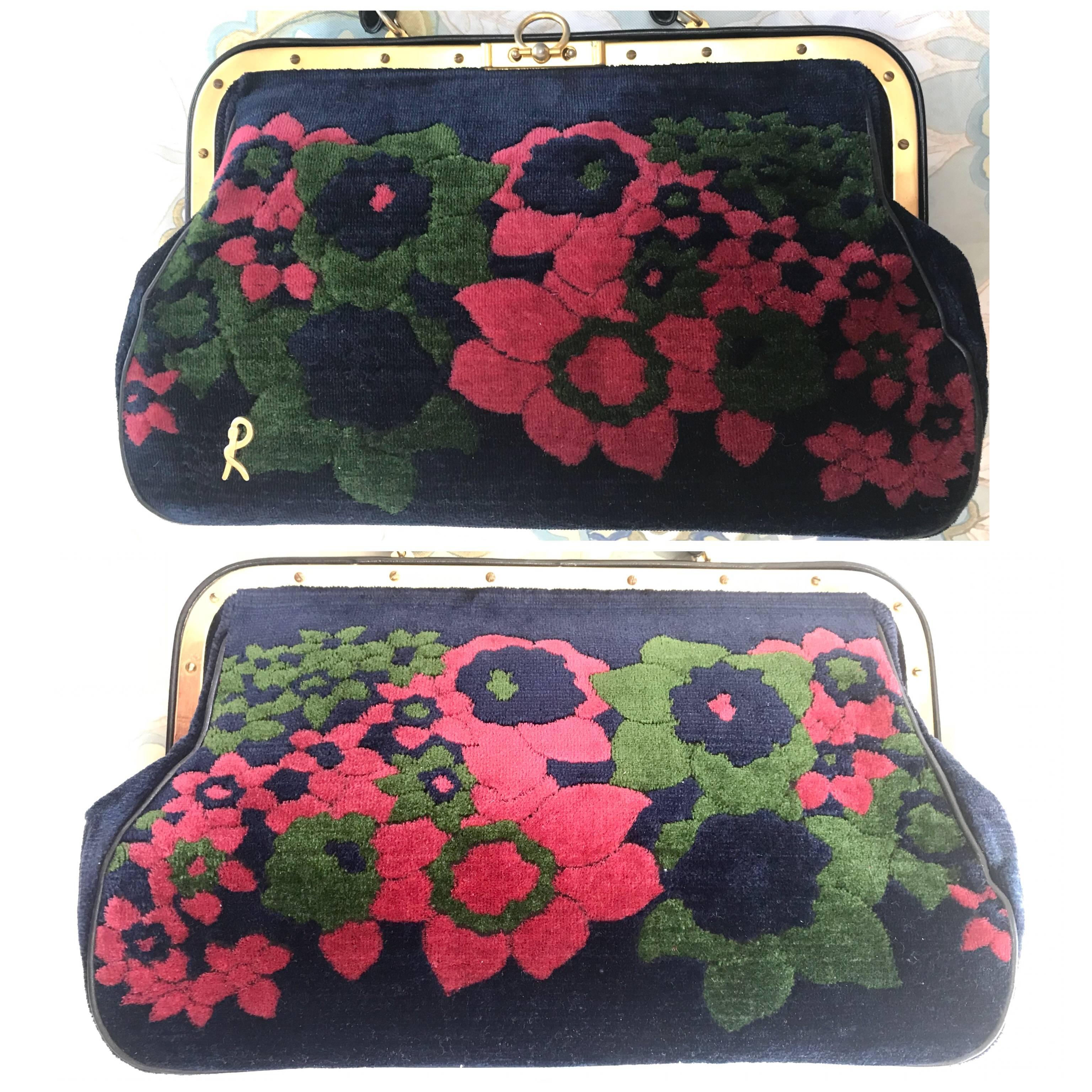 Black Vintage Roberta di Camerino red, green, and navy doctor bag with flower. 