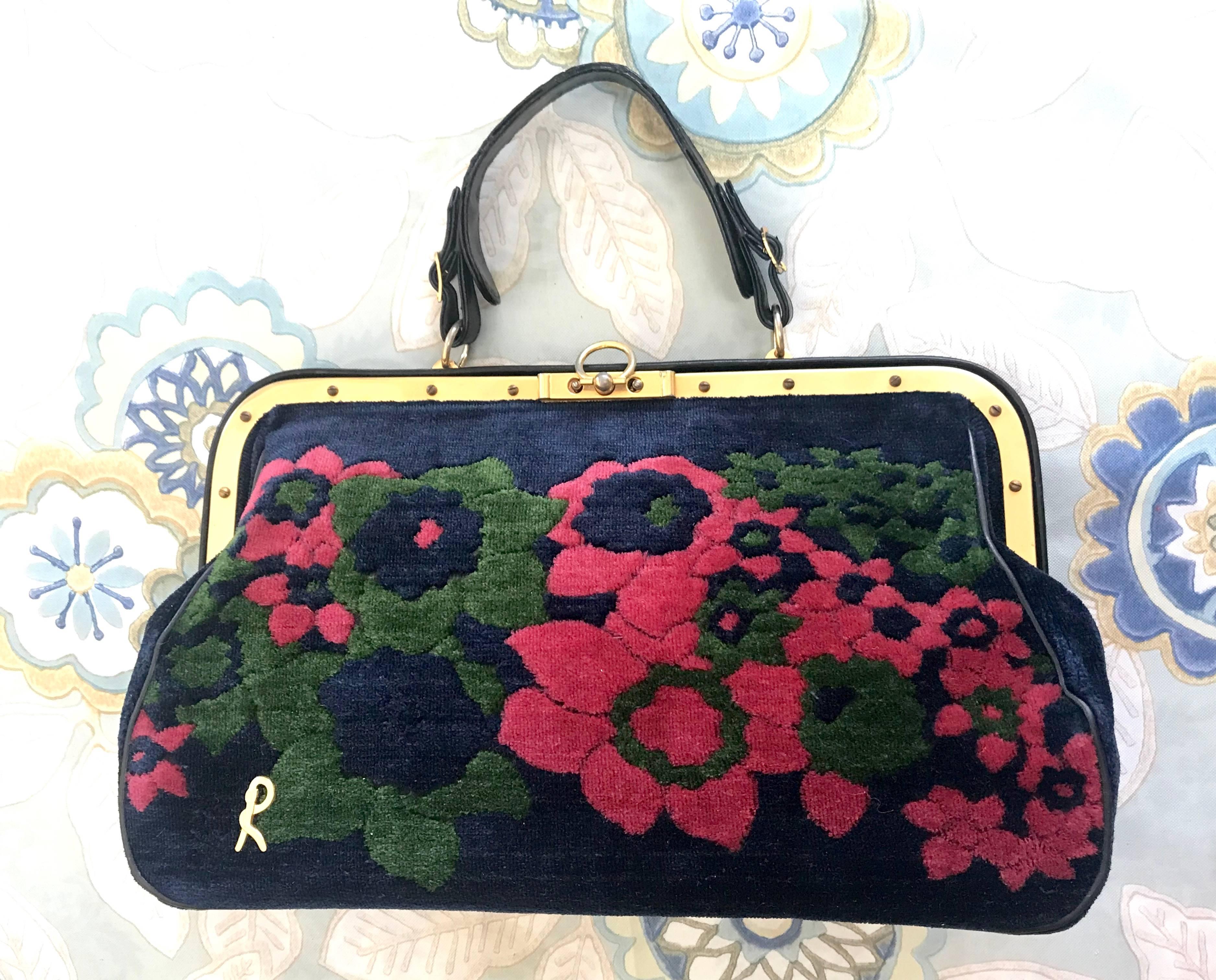 Vintage Roberta di Camerino red, green, and navy doctor bag with flower.  5
