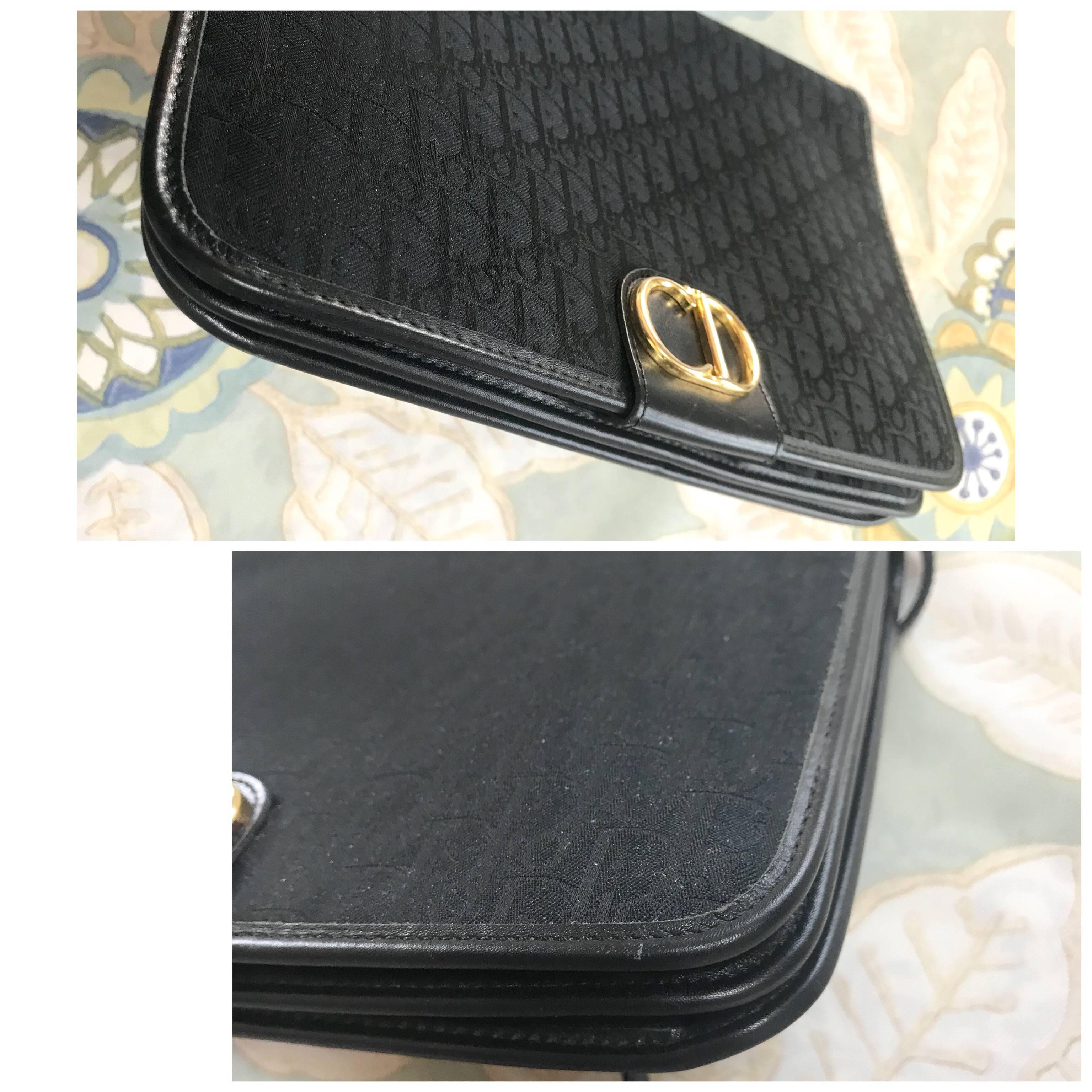 Women's Vintage Christian Dior black logo jacquard shoulder bag, clutch with gold motif. For Sale