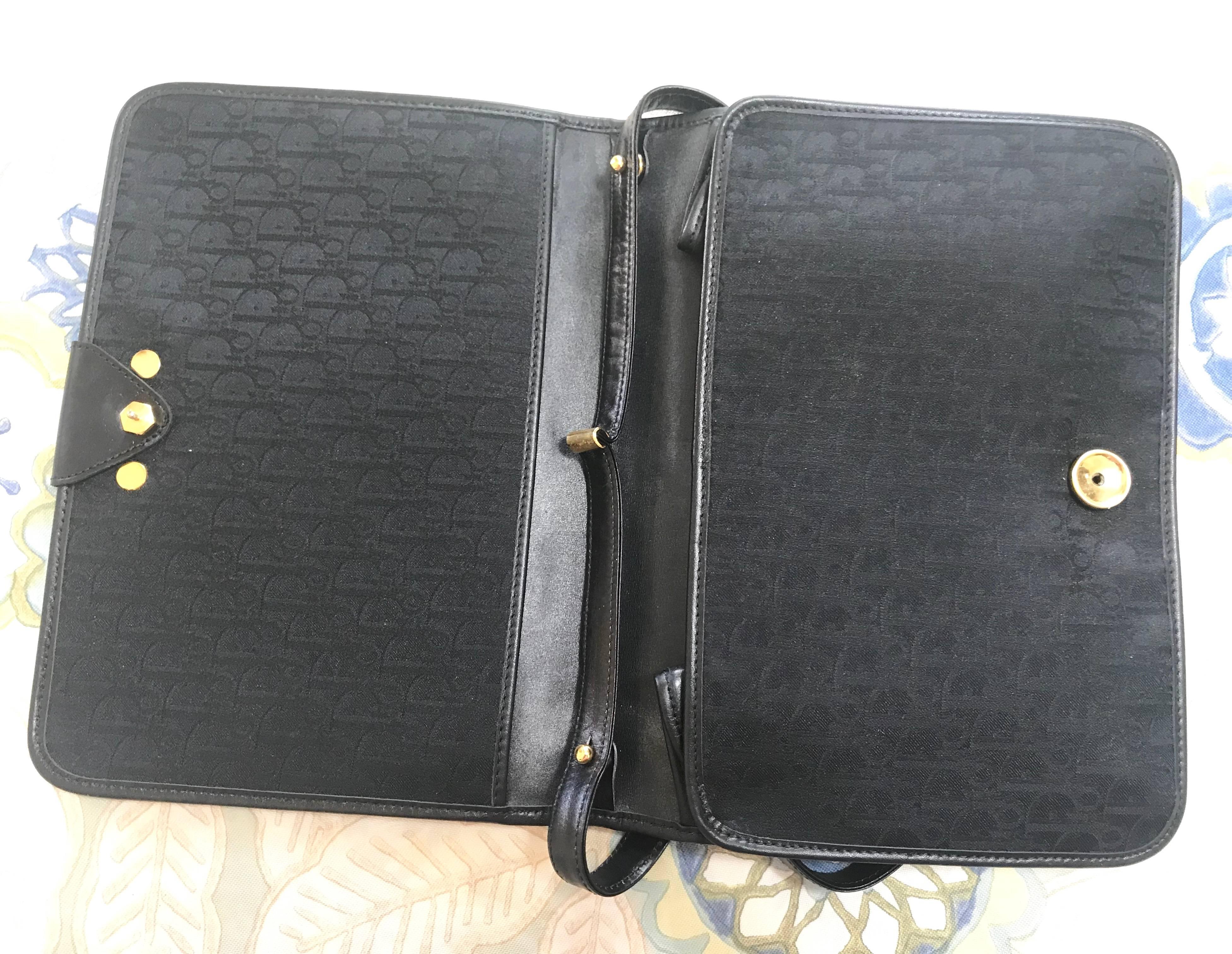 Vintage Christian Dior black logo jacquard shoulder bag, clutch with gold motif. For Sale 2