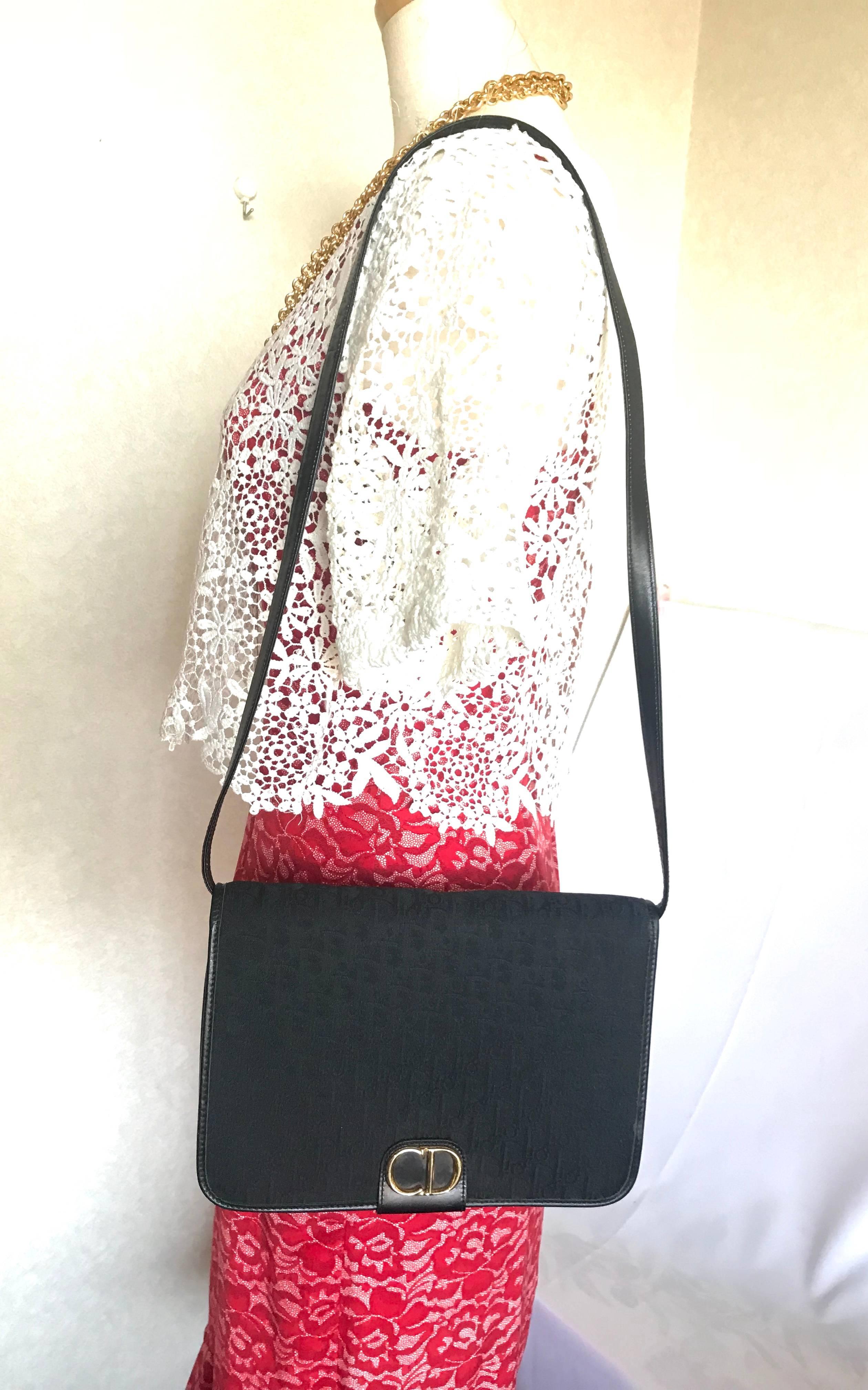 Vintage Christian Dior black logo jacquard shoulder bag, clutch with gold motif. For Sale 5